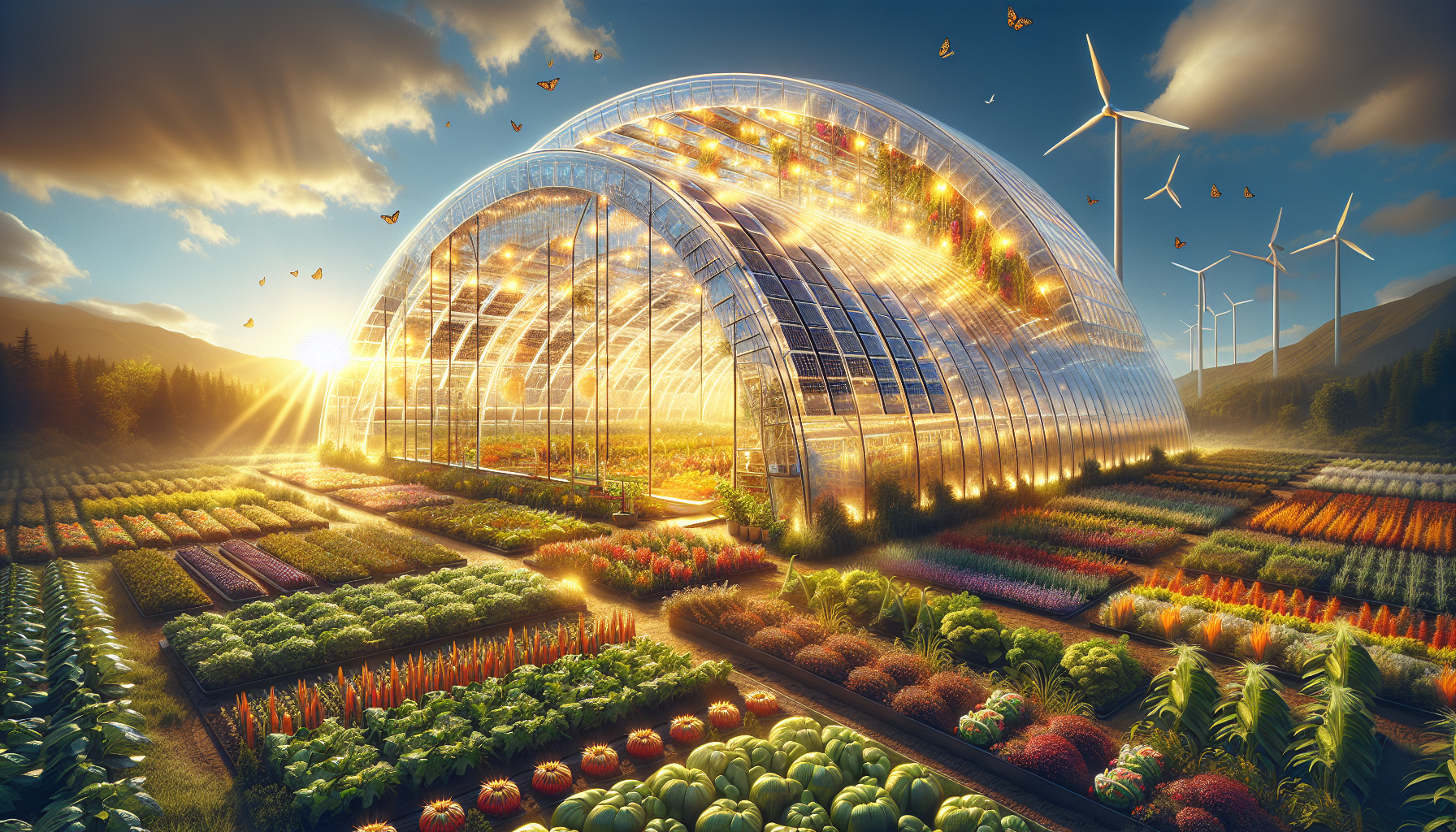 A conceptual illustration representing Solar Greenhouses: A New Era of Crop Production. Visualize the main ideas: . Creative but clear representation of the concept. Style: Visual Theme: Clean, modern aesthetic with high contrast and vibrant energy. Emphasize the intersect. high quality, detailed, professional, clean composition, good lighting, sharp focus, well-composed. high quality, professional, detailed, well-composed