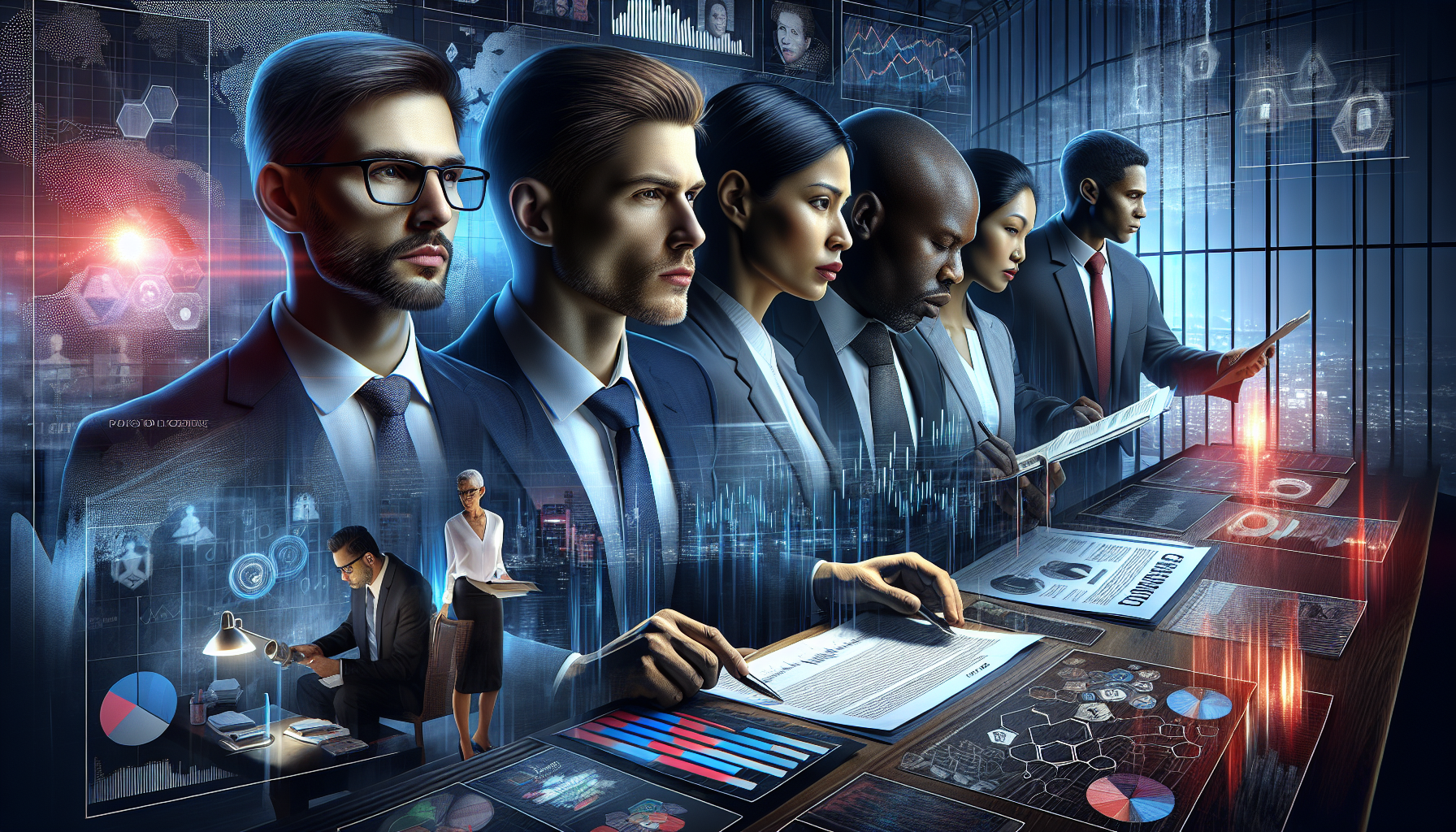 A conceptual illustration representing The Many Faces of Due Diligence. Visualize the main ideas: . Creative but clear representation of the concept. Style: photorealistic. high quality, detailed, professional, clean composition, good lighting, sharp focus, well-composed. high quality, professional, detailed, well-composed