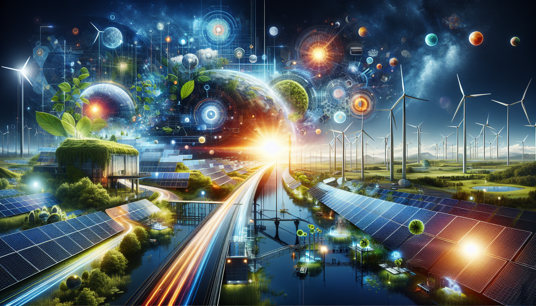 A conceptual illustration representing Innovative Solar Solutions. Visualize the main ideas: . Creative but clear representation of the concept. Style: Visual Theme: Clean, modern aesthetic with high contrast and vibrant energy. Emphasize the intersect. high quality, detailed, professional, clean composition, good lighting, sharp focus, well-composed. high quality, professional, detailed, well-composed