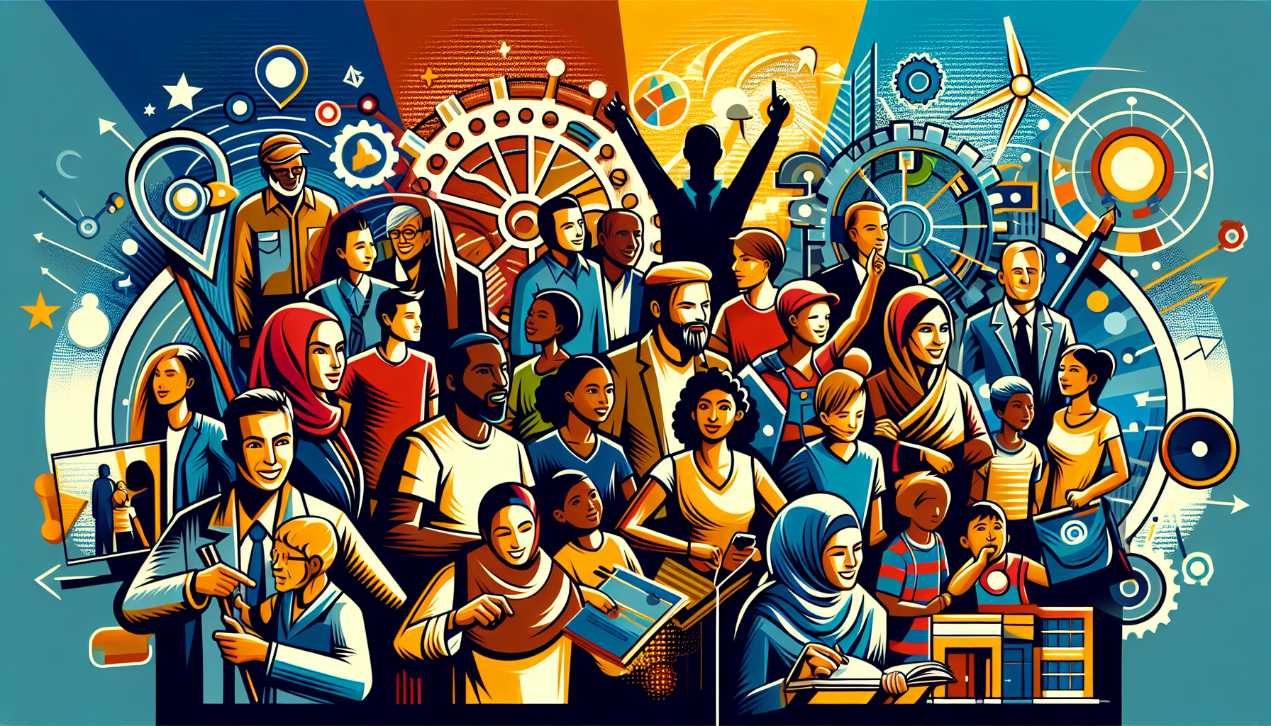 A conceptual illustration representing Impact on Communities. Visualize the main ideas: . Creative but clear representation of the concept. Style: Visual Theme: Clean, modern aesthetic with high contrast and vibrant energy. Emphasize the intersect. high quality, detailed, professional, clean composition, good lighting, sharp focus, well-composed. high quality, professional, detailed, well-composed