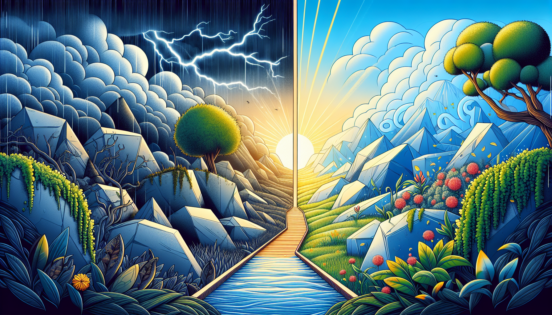 A conceptual illustration representing Challenges and Opportunities. Visualize the main ideas: . Creative but clear representation of the concept. Style: Visual Theme: Clean, modern aesthetic with high contrast and vibrant energy. Emphasize the intersect. high quality, detailed, professional, clean composition, good lighting, sharp focus, well-composed. high quality, professional, detailed, well-composed