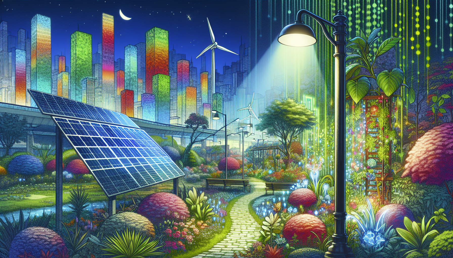 A conceptual illustration representing Lighting the Path to Sustainability. Visualize the main ideas: . Creative but clear representation of the concept. Style: Visual Theme: Clean, modern aesthetic with high contrast and vibrant energy. Emphasize the intersect. high quality, detailed, professional, clean composition, good lighting, sharp focus, well-composed. high quality, professional, detailed, well-composed