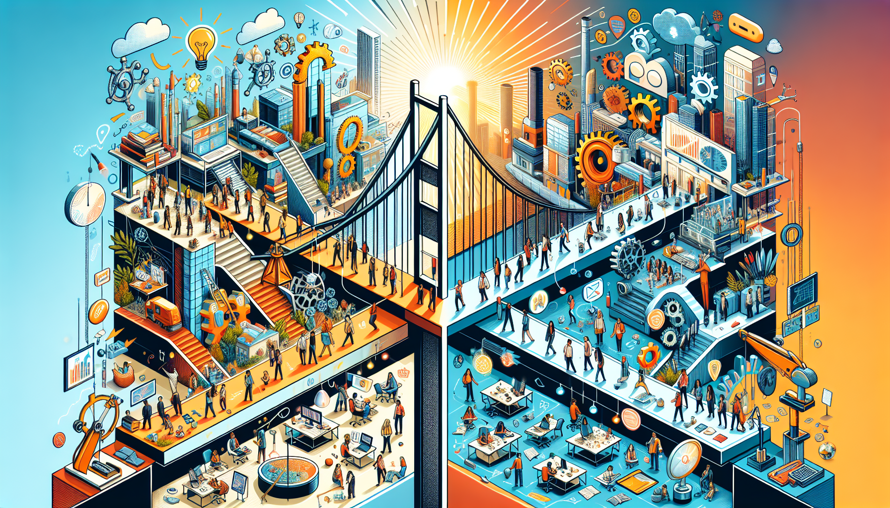 A conceptual illustration representing Bridging the Gap: Education and Industry. Visualize the main ideas: . Creative but clear representation of the concept. Style: Visual Theme: Clean, modern aesthetic with high contrast and vibrant energy. Emphasize the intersect. high quality, detailed, professional, clean composition, good lighting, sharp focus, well-composed. high quality, professional, detailed, well-composed
