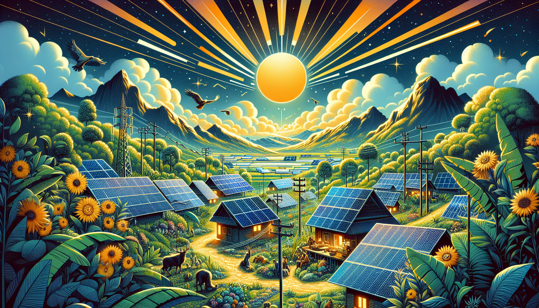A conceptual illustration representing Benefits of Solar Power in Isolated Regions. Visualize the main ideas: . Creative but clear representation of the concept. Style: Visual Theme: Clean, modern aesthetic with high contrast and vibrant energy. Emphasize the intersect. high quality, detailed, professional, clean composition, good lighting, sharp focus, well-composed. high quality, professional, detailed, well-composed