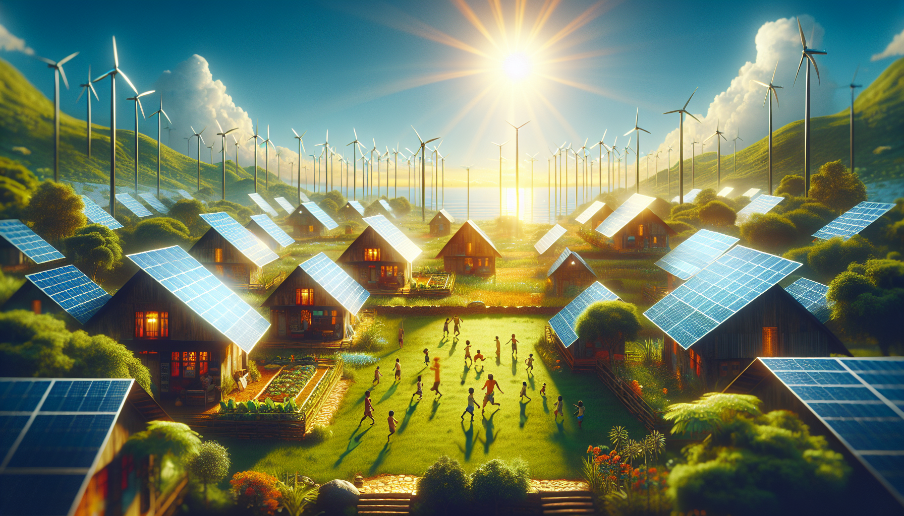 A conceptual illustration representing Innovative Solar Solutions Tailored for Remote Communities. Visualize the main ideas: . Creative but clear representation of the concept. Style: Visual Theme: Clean, modern aesthetic with high contrast and vibrant energy. Emphasize the intersect. high quality, detailed, professional, clean composition, good lighting, sharp focus, well-composed. high quality, professional, detailed, well-composed