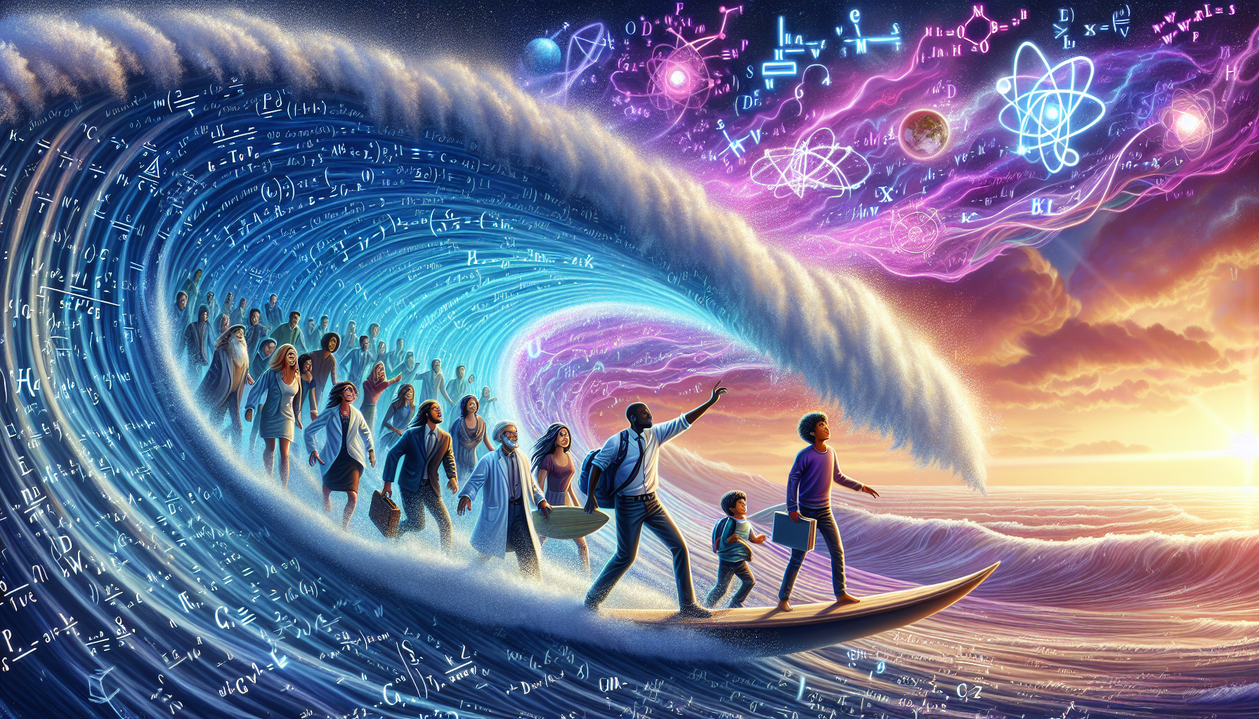 A conceptual illustration representing Conclusion - Riding the Physics Wave. Visualize the main ideas: . Creative but clear representation of the concept. Style: photorealistic. high quality, detailed, professional, clean composition, good lighting, sharp focus, well-composed. high quality, professional, detailed, well-composed