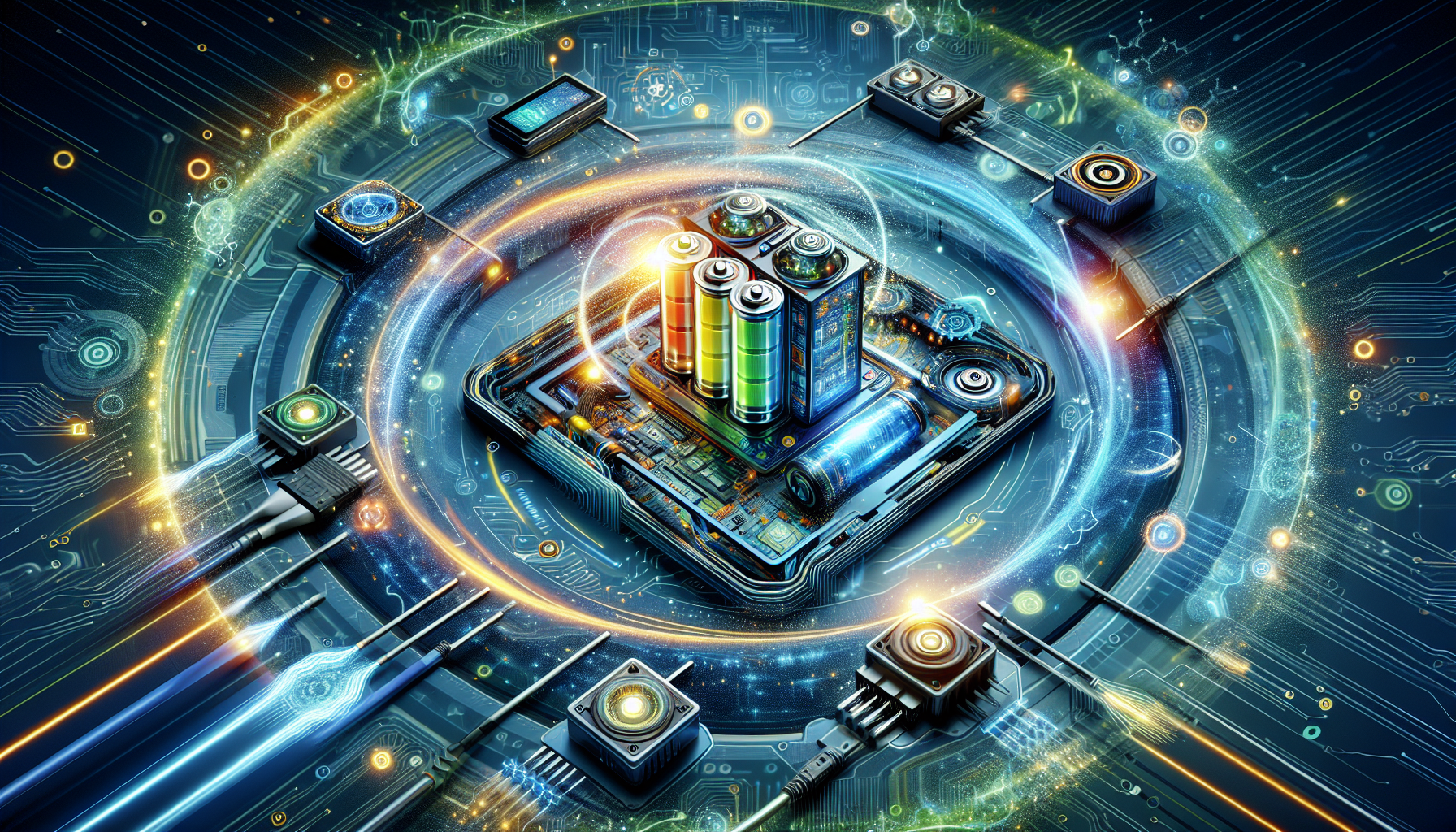 A conceptual illustration representing Cutting-Edge Battery Technologies. Visualize the main ideas: . Creative but clear representation of the concept. Style: Visual Theme: Clean, modern aesthetic with high contrast and vibrant energy. Emphasize the intersect. high quality, detailed, professional, clean composition, good lighting, sharp focus, well-composed. high quality, professional, detailed, well-composed