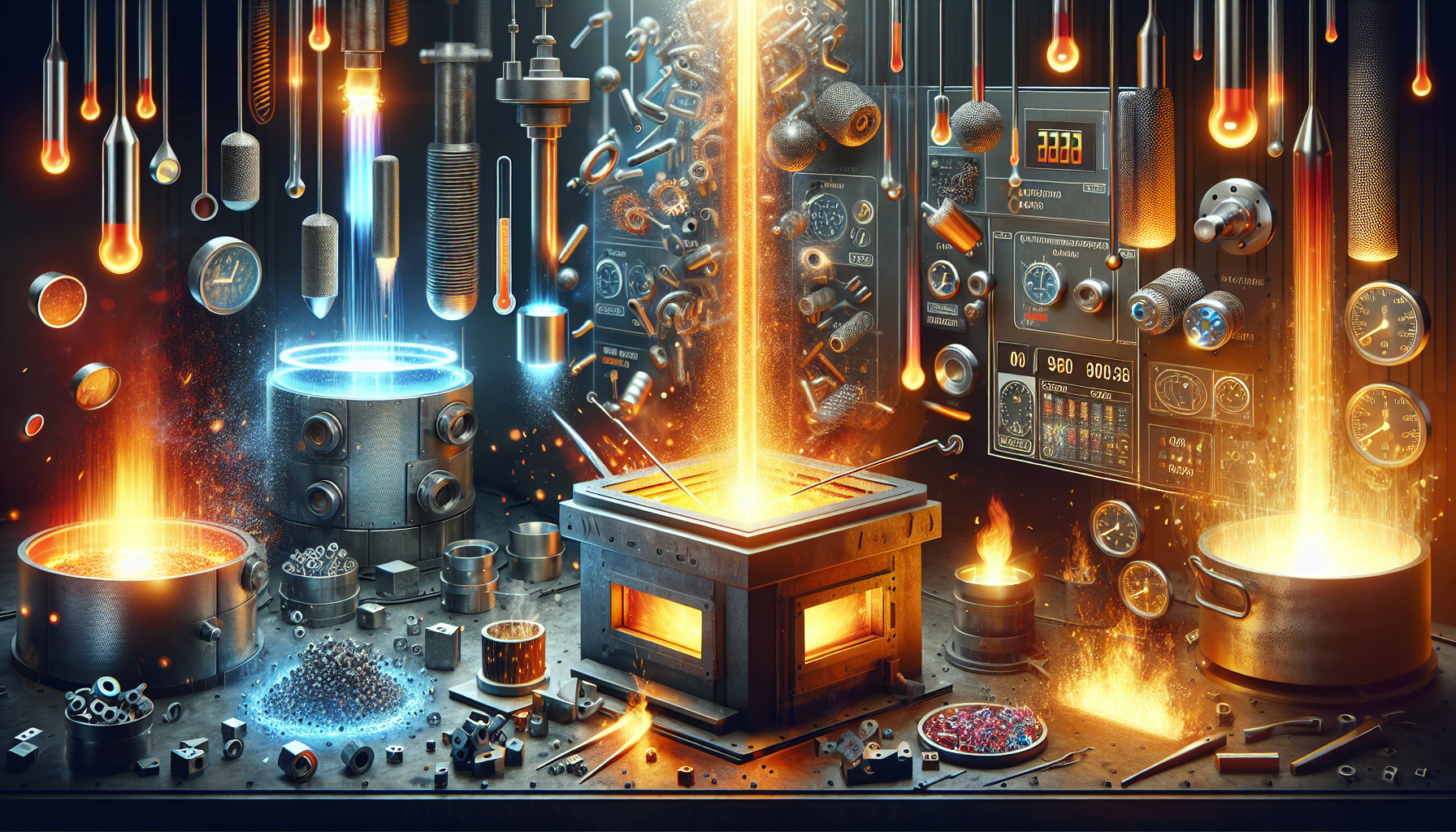 A conceptual illustration representing Heat Treatment Processes. Visualize the main ideas: . Creative but clear representation of the concept. Style: photorealistic. high quality, detailed, professional, clean composition, good lighting, sharp focus, well-composed. high quality, professional, detailed, well-composed