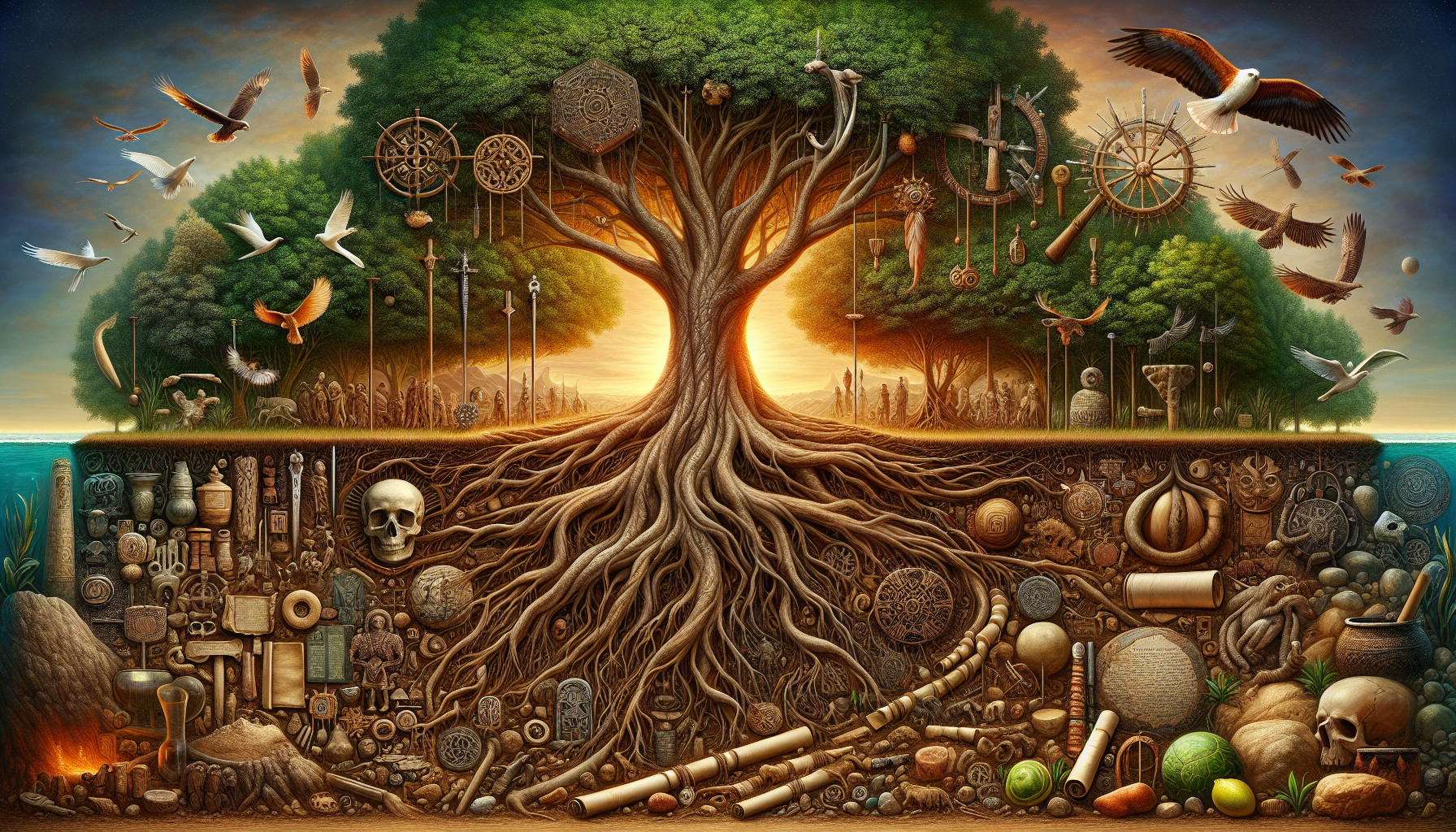 A conceptual illustration representing Historical Roots. Visualize the main ideas: . Creative but clear representation of the concept. Style: photorealistic. high quality, detailed, professional, clean composition, good lighting, sharp focus, well-composed. high quality, professional, detailed, well-composed