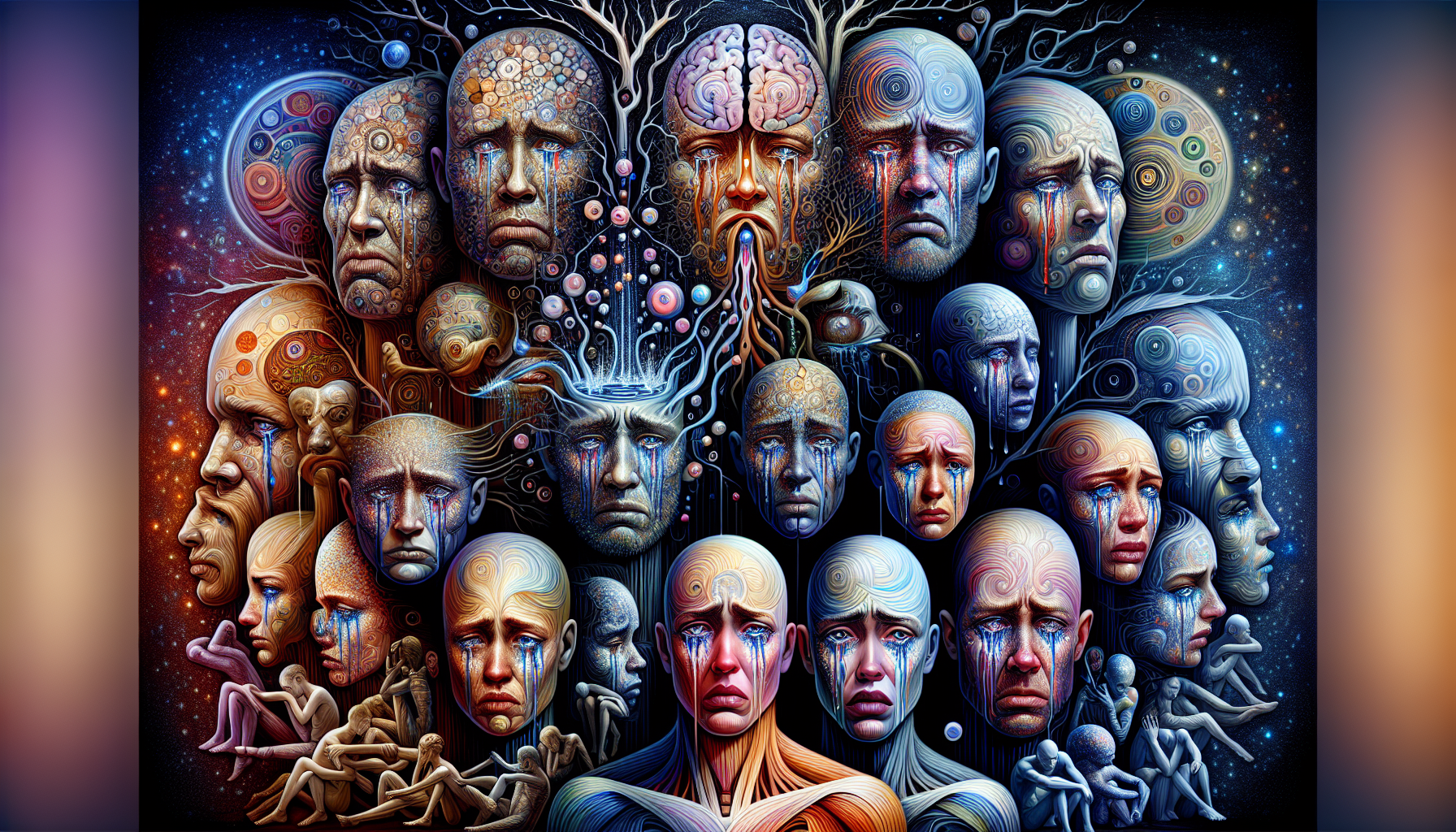 A conceptual illustration representing The Evolutionary and Psychological Aspects of Crying. Visualize the main ideas: . Creative but clear representation of the concept. Style: photorealistic. high quality, detailed, professional, clean composition, good lighting, sharp focus, well-composed. high quality, professional, detailed, well-composed