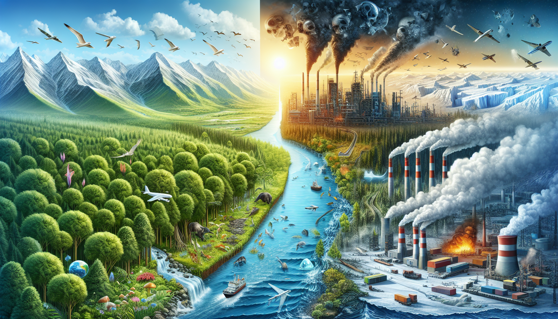 A conceptual illustration representing Environmental Benefits and Challenges. Visualize the main ideas: . Creative but clear representation of the concept. Style: Visual Theme: Clean, modern aesthetic with high contrast and vibrant energy. Emphasize the intersect. high quality, detailed, professional, clean composition, good lighting, sharp focus, well-composed. high quality, professional, detailed, well-composed