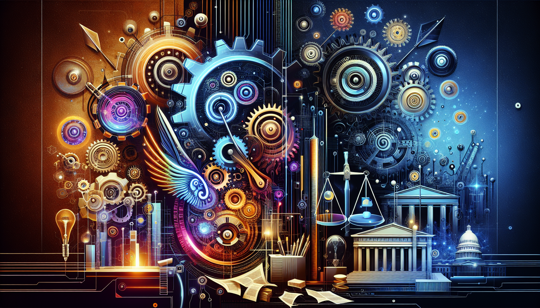 A conceptual illustration representing Technological Advancements Driven by Policy. Visualize the main ideas: . Creative but clear representation of the concept. Style: Visual Theme: Clean, modern aesthetic with high contrast and vibrant energy. Emphasize the intersect. high quality, detailed, professional, clean composition, good lighting, sharp focus, well-composed. high quality, professional, detailed, well-composed