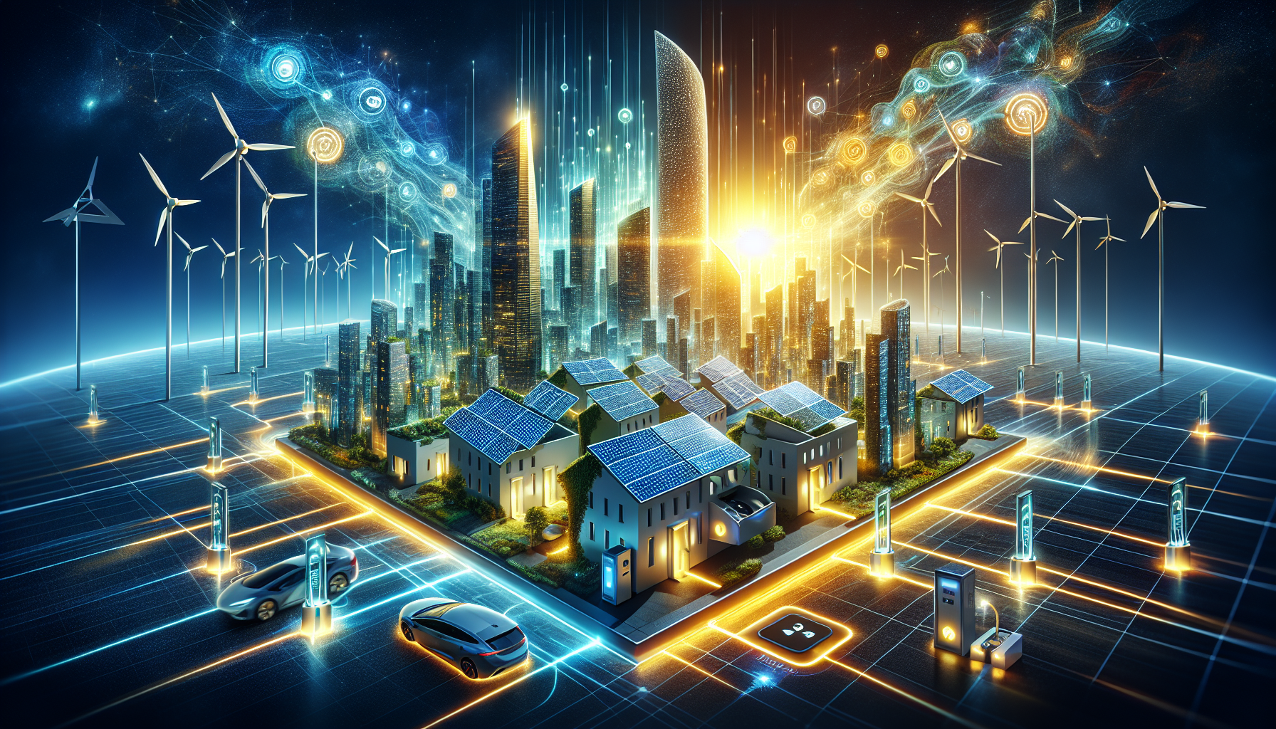 A conceptual illustration representing How Smart Grids Enhance Solar Energy. Visualize the main ideas: . Creative but clear representation of the concept. Style: Visual Theme: Clean, modern aesthetic with high contrast and vibrant energy. Emphasize the intersect. high quality, detailed, professional, clean composition, good lighting, sharp focus, well-composed. high quality, professional, detailed, well-composed