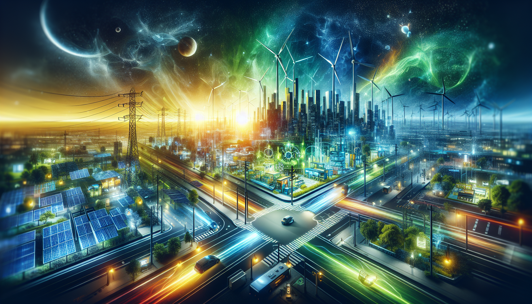 A conceptual illustration representing A New Era in Energy. Visualize the main ideas: . Creative but clear representation of the concept. Style: Visual Theme: Clean, modern aesthetic with high contrast and vibrant energy. Emphasize the intersect. high quality, detailed, professional, clean composition, good lighting, sharp focus, well-composed. high quality, professional, detailed, well-composed