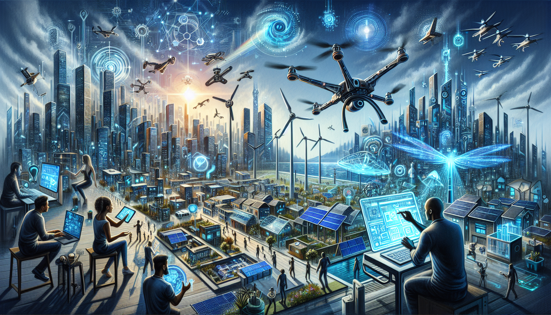 A conceptual illustration representing Technological Innovations Driving Change. Visualize the main ideas: . Creative but clear representation of the concept. Style: Visual Theme: Clean, modern aesthetic with high contrast and vibrant energy. Emphasize the intersect. high quality, detailed, professional, clean composition, good lighting, sharp focus, well-composed. high quality, professional, detailed, well-composed