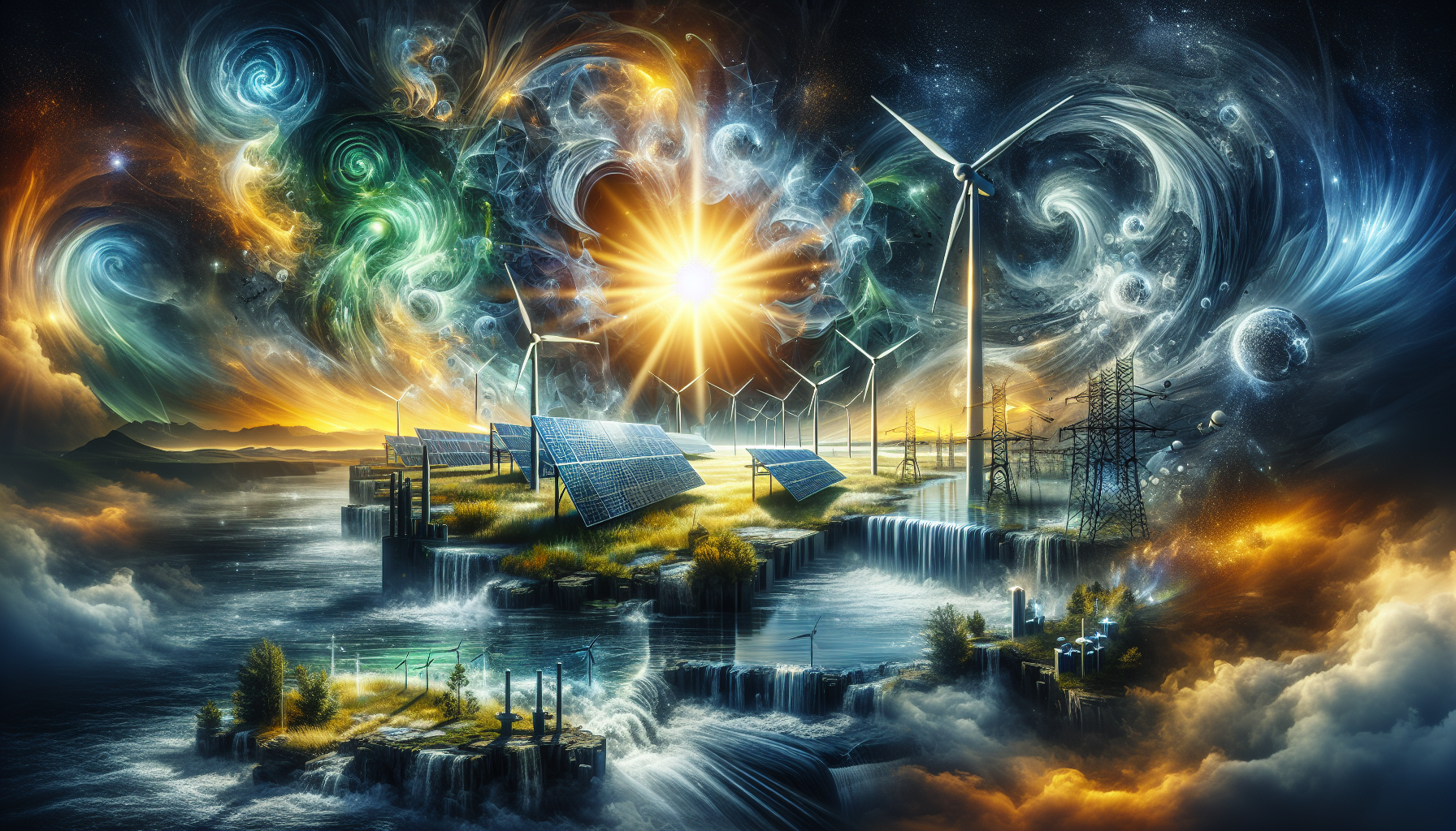 A conceptual illustration representing Benefits of Hybrid Energy Systems. Visualize the main ideas: . Creative but clear representation of the concept. Style: Visual Theme: Clean, modern aesthetic with high contrast and vibrant energy. Emphasize the intersect. high quality, detailed, professional, clean composition, good lighting, sharp focus, well-composed. high quality, professional, detailed, well-composed