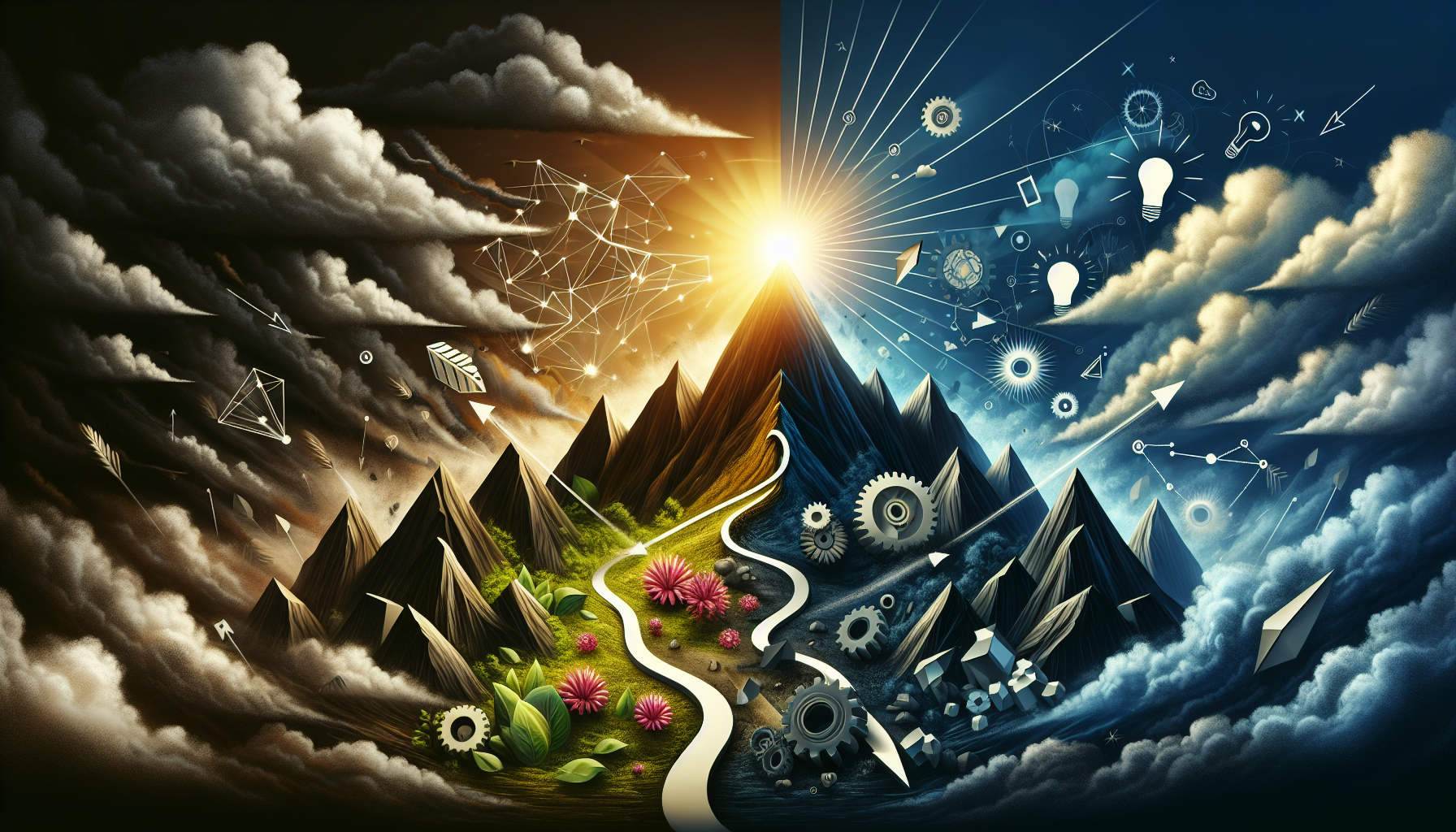 A conceptual illustration representing Challenges and Solutions. Visualize the main ideas: . Creative but clear representation of the concept. Style: Visual Theme: Clean, modern aesthetic with high contrast and vibrant energy. Emphasize the intersect. high quality, detailed, professional, clean composition, good lighting, sharp focus, well-composed. high quality, professional, detailed, well-composed