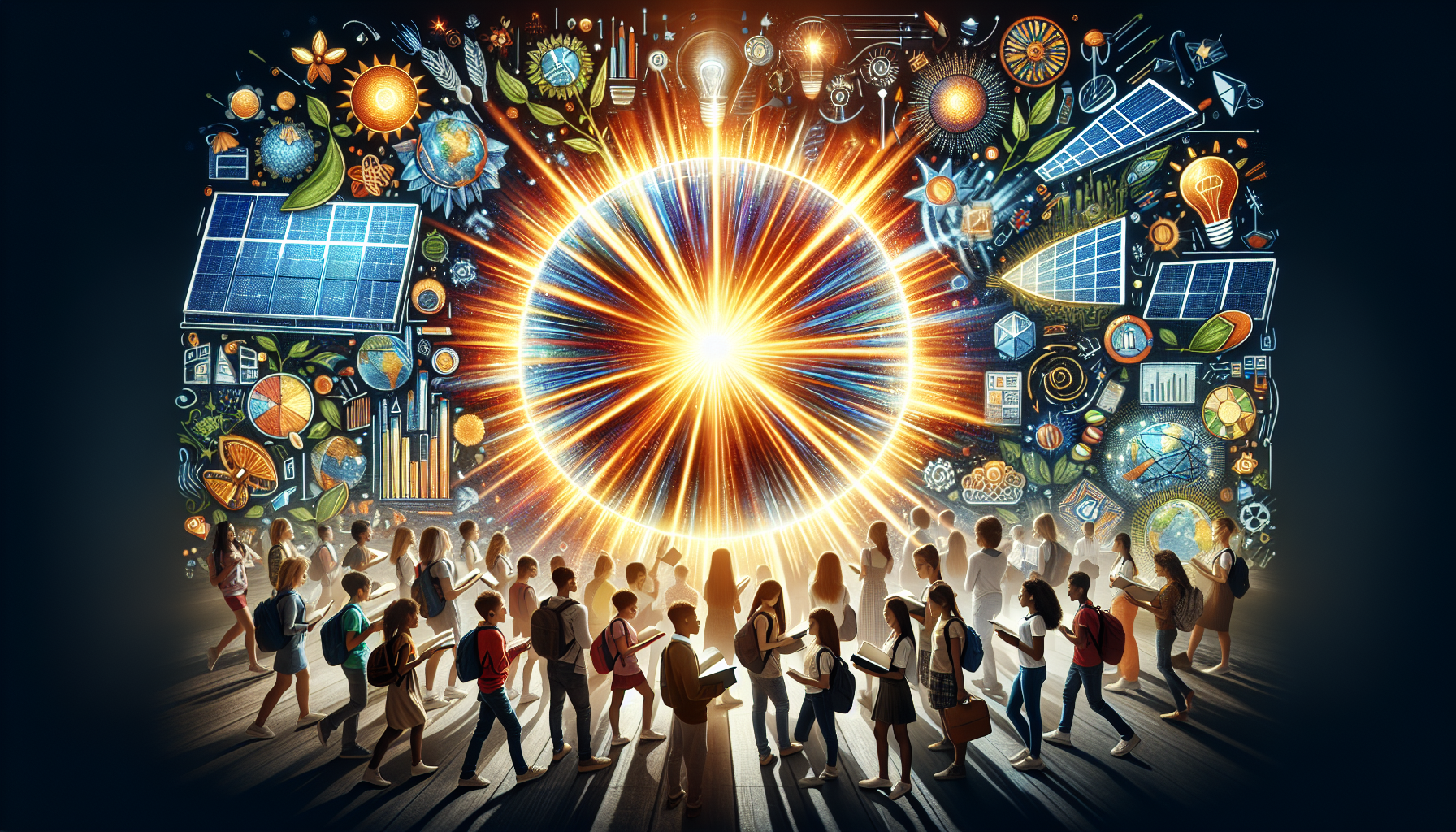 A conceptual illustration representing Shining a Light on Solar Education. Visualize the main ideas: . Creative but clear representation of the concept. Style: Visual Theme: Clean, modern aesthetic with high contrast and vibrant energy. Emphasize the intersect. high quality, detailed, professional, clean composition, good lighting, sharp focus, well-composed. high quality, professional, detailed, well-composed