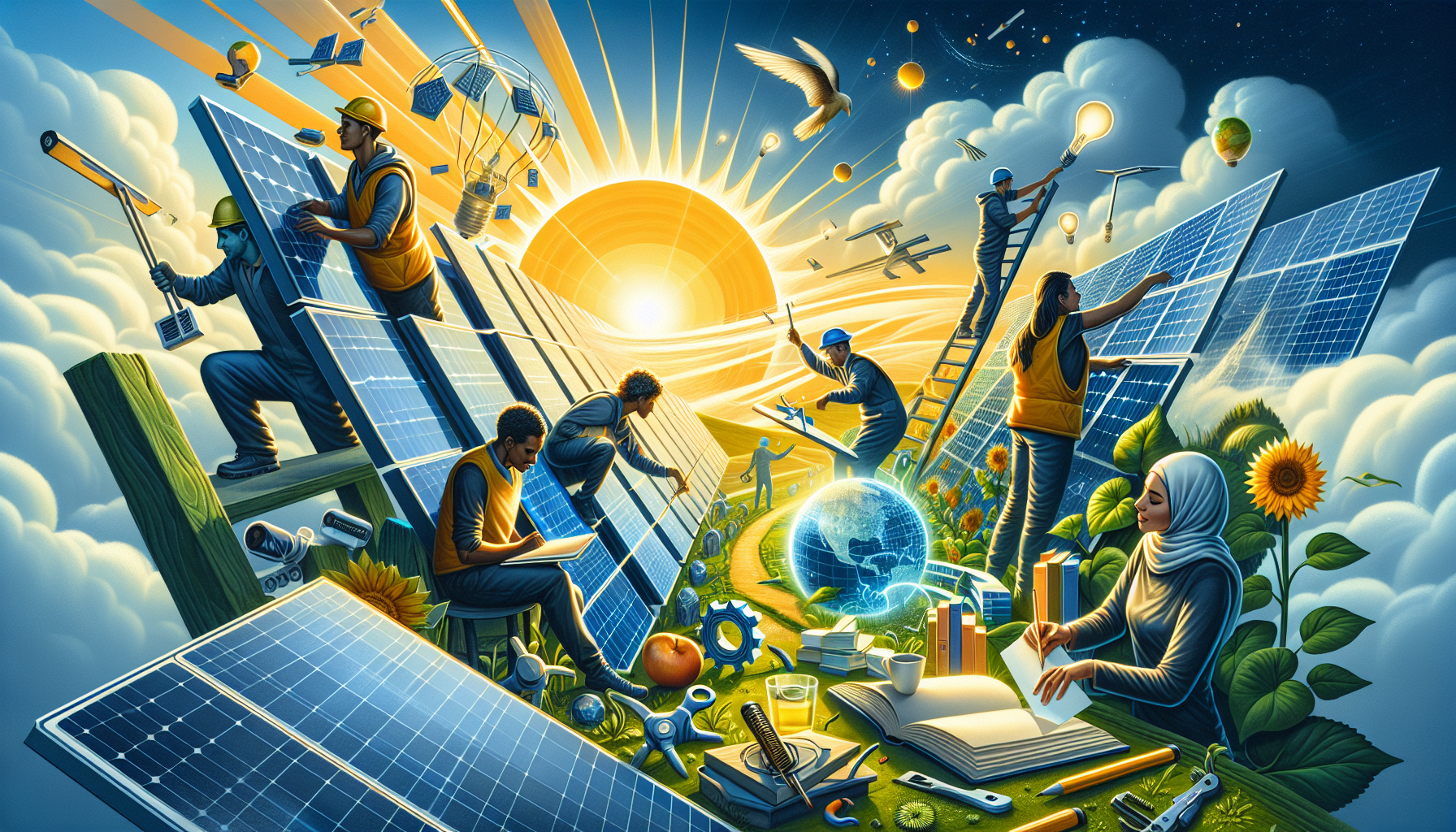 A conceptual illustration representing Bridging the Gap: Workforce Development in Solar Energy. Visualize the main ideas: . Creative but clear representation of the concept. Style: Visual Theme: Clean, modern aesthetic with high contrast and vibrant energy. Emphasize the intersect. high quality, detailed, professional, clean composition, good lighting, sharp focus, well-composed. high quality, professional, detailed, well-composed