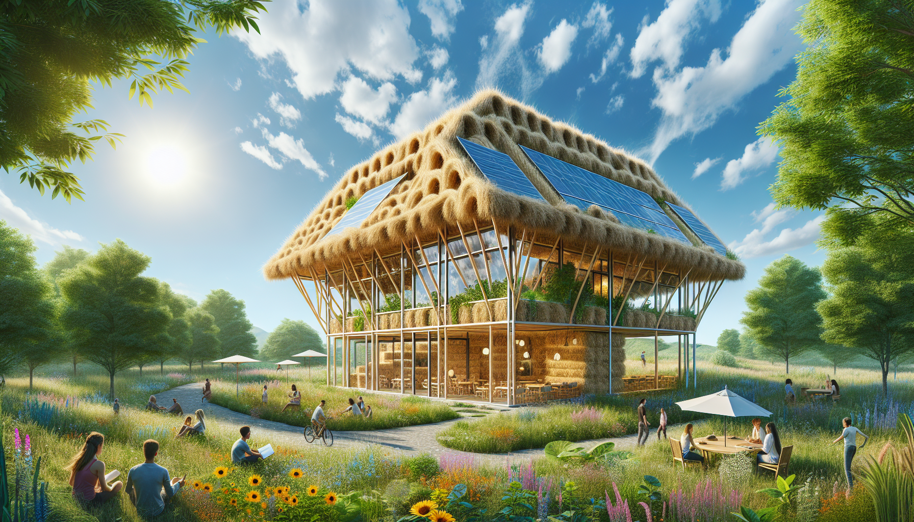 A conceptual illustration representing Building with Straw: A Sustainable Revolution. Visualize the main ideas: . Creative but clear representation of the concept. Style: photorealistic. high quality, detailed, professional, clean composition, good lighting, sharp focus, well-composed. high quality, professional, detailed, well-composed