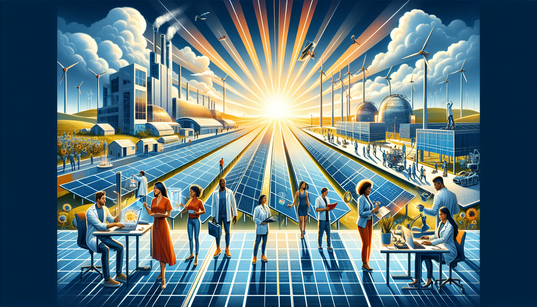 A conceptual illustration representing The Future is Bright: Opportunities in Solar Careers. Visualize the main ideas: . Creative but clear representation of the concept. Style: Visual Theme: Clean, modern aesthetic with high contrast and vibrant energy. Emphasize the intersect. high quality, detailed, professional, clean composition, good lighting, sharp focus, well-composed. high quality, professional, detailed, well-composed