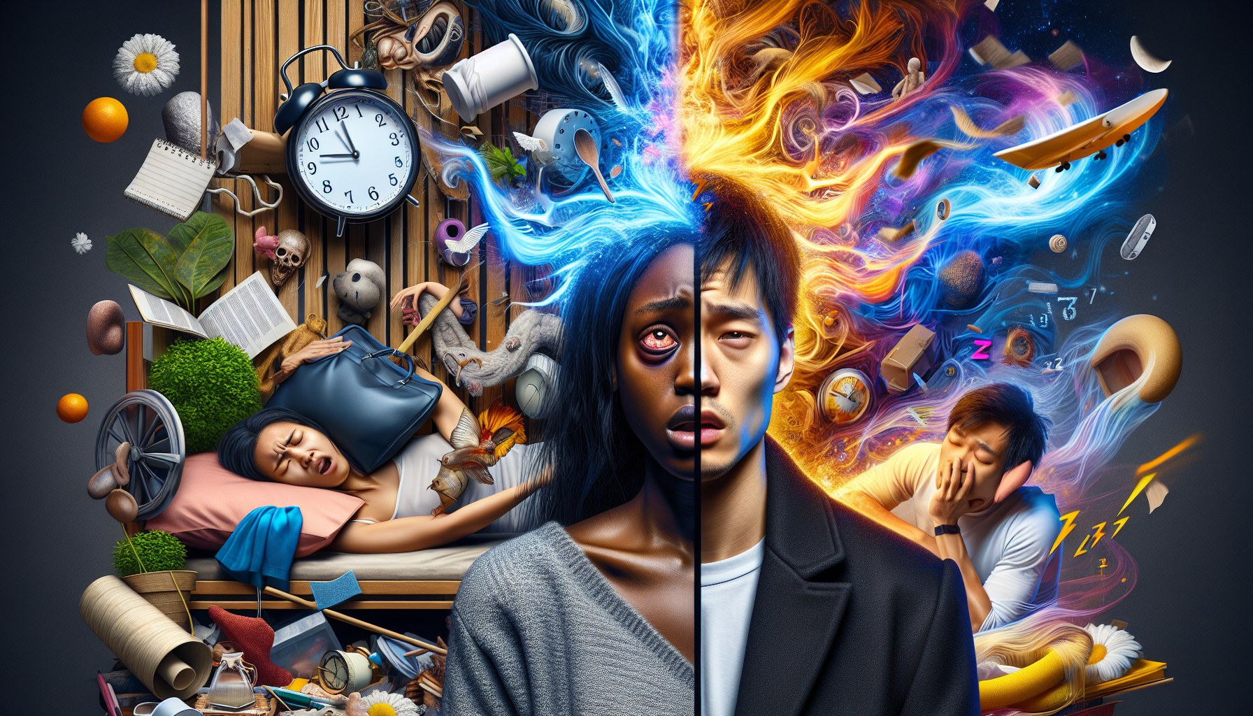 A conceptual illustration representing Consequences of Sleep Deprivation. Visualize the main ideas: . Creative but clear representation of the concept. Style: photorealistic. high quality, detailed, professional, clean composition, good lighting, sharp focus, well-composed. high quality, professional, detailed, well-composed