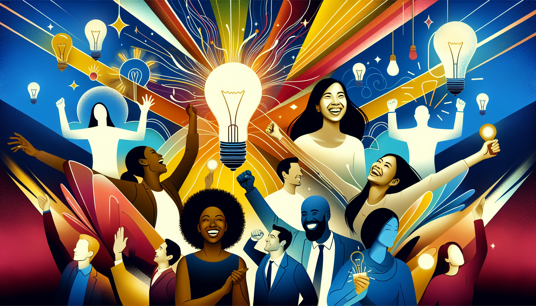 A conceptual illustration representing Illuminating Success Stories. Visualize the main ideas: . Creative but clear representation of the concept. Style: Visual Theme: Clean, modern aesthetic with high contrast and vibrant energy. Emphasize the intersect. high quality, detailed, professional, clean composition, good lighting, sharp focus, well-composed. high quality, professional, detailed, well-composed