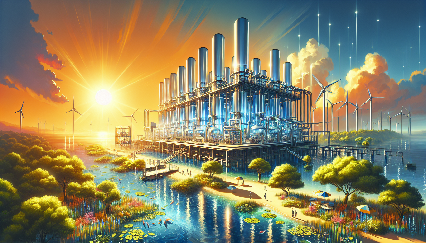 A conceptual illustration representing A New Dawn in Desalination. Visualize the main ideas: . Creative but clear representation of the concept. Style: Visual Theme: Clean, modern aesthetic with high contrast and vibrant energy. Emphasize the intersect. high quality, detailed, professional, clean composition, good lighting, sharp focus, well-composed. high quality, professional, detailed, well-composed