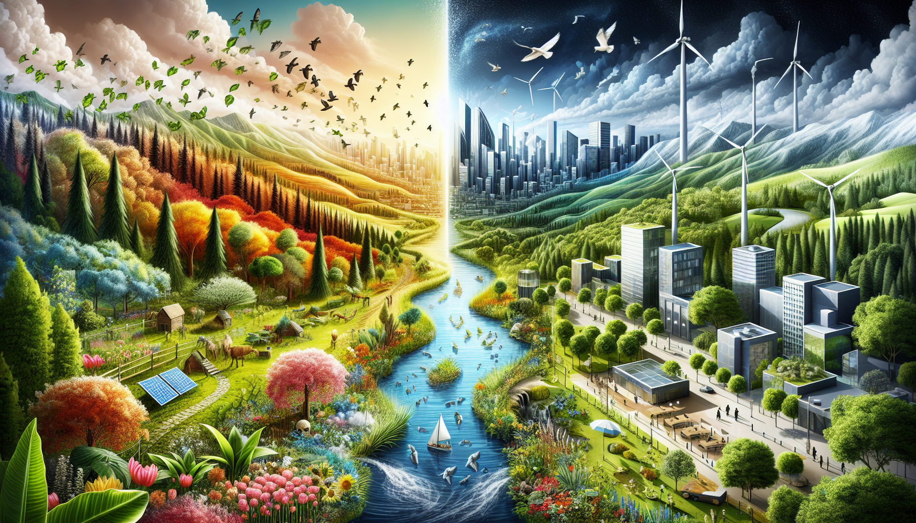 A conceptual illustration representing Environmental and Economic Benefits. Visualize the main ideas: . Creative but clear representation of the concept. Style: Visual Theme: Clean, modern aesthetic with high contrast and vibrant energy. Emphasize the intersect. high quality, detailed, professional, clean composition, good lighting, sharp focus, well-composed. high quality, professional, detailed, well-composed