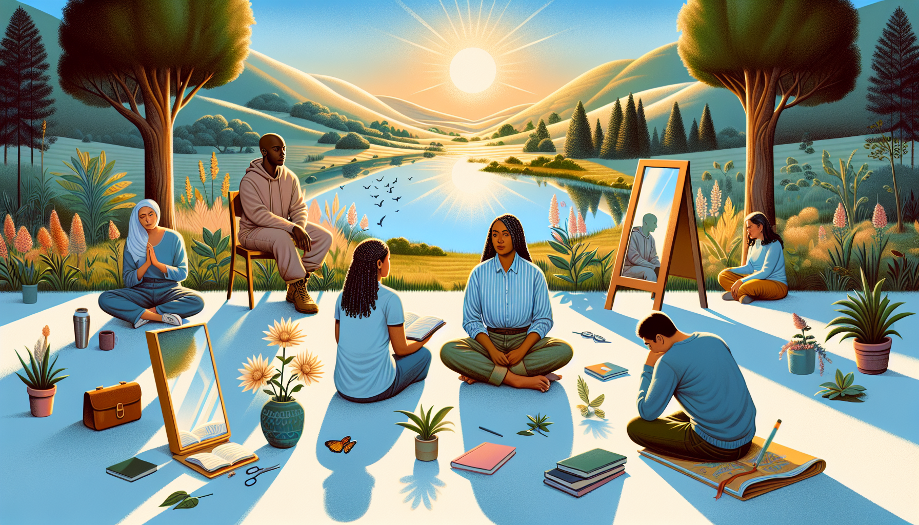 A conceptual illustration representing Encourage Reflective Practice. Visualize the main ideas: . Creative but clear representation of the concept. Style: photorealistic. high quality, detailed, professional, clean composition, good lighting, sharp focus, well-composed. high quality, professional, detailed, well-composed