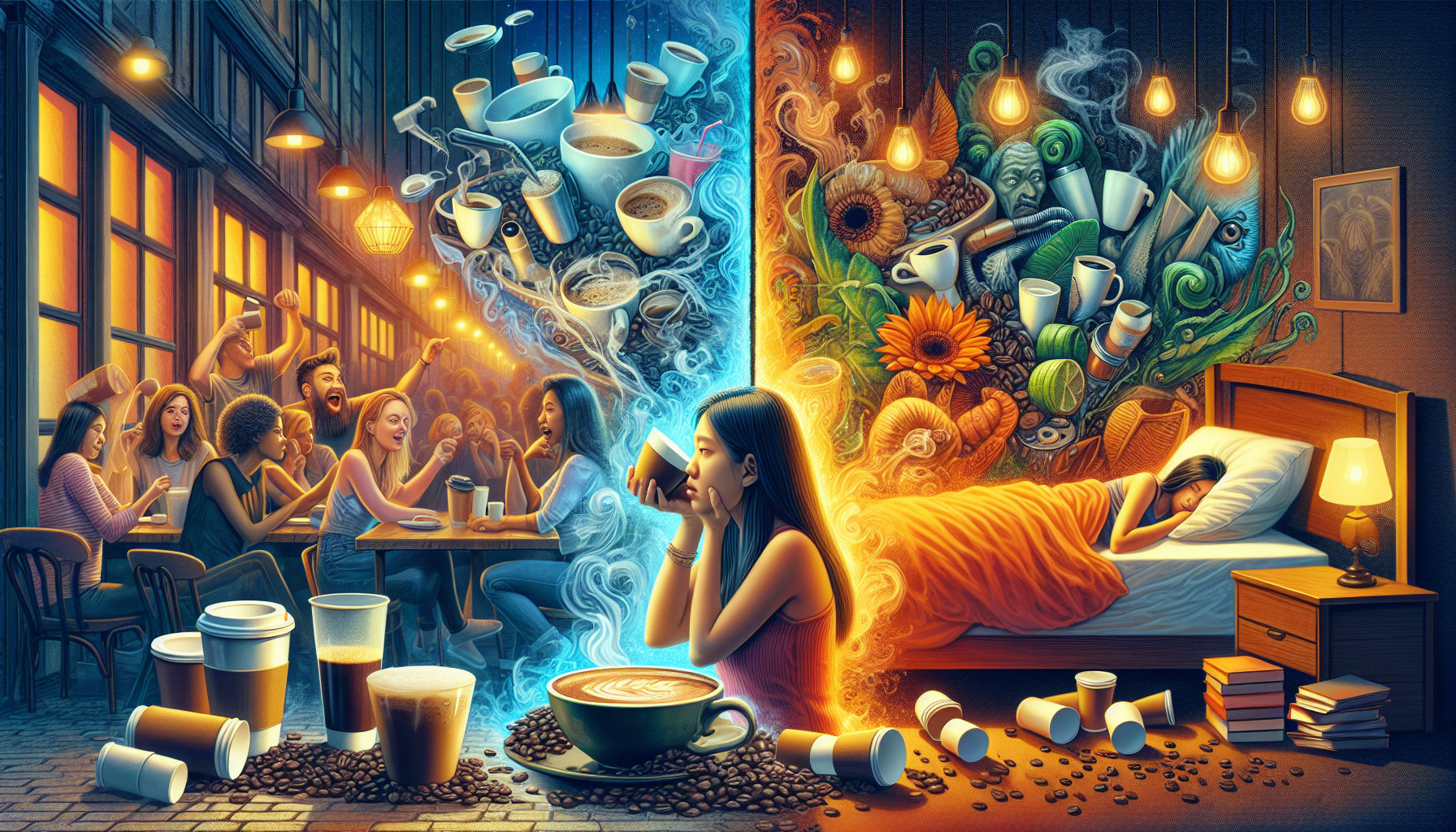 A conceptual illustration representing The Hidden Costs of Caffeine on Sleep Quality. Visualize the main ideas: . Creative but clear representation of the concept. Style: photorealistic. high quality, detailed, professional, clean composition, good lighting, sharp focus, well-composed. high quality, professional, detailed, well-composed