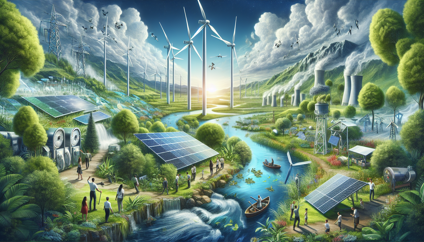 A conceptual illustration representing The Essence of Sustainability in Renewable Energy. Visualize the main ideas: . Creative but clear representation of the concept. Style: Visual Theme: Clean, modern aesthetic with high contrast and vibrant energy. Emphasize the intersect. high quality, detailed, professional, clean composition, good lighting, sharp focus, well-composed. high quality, professional, detailed, well-composed