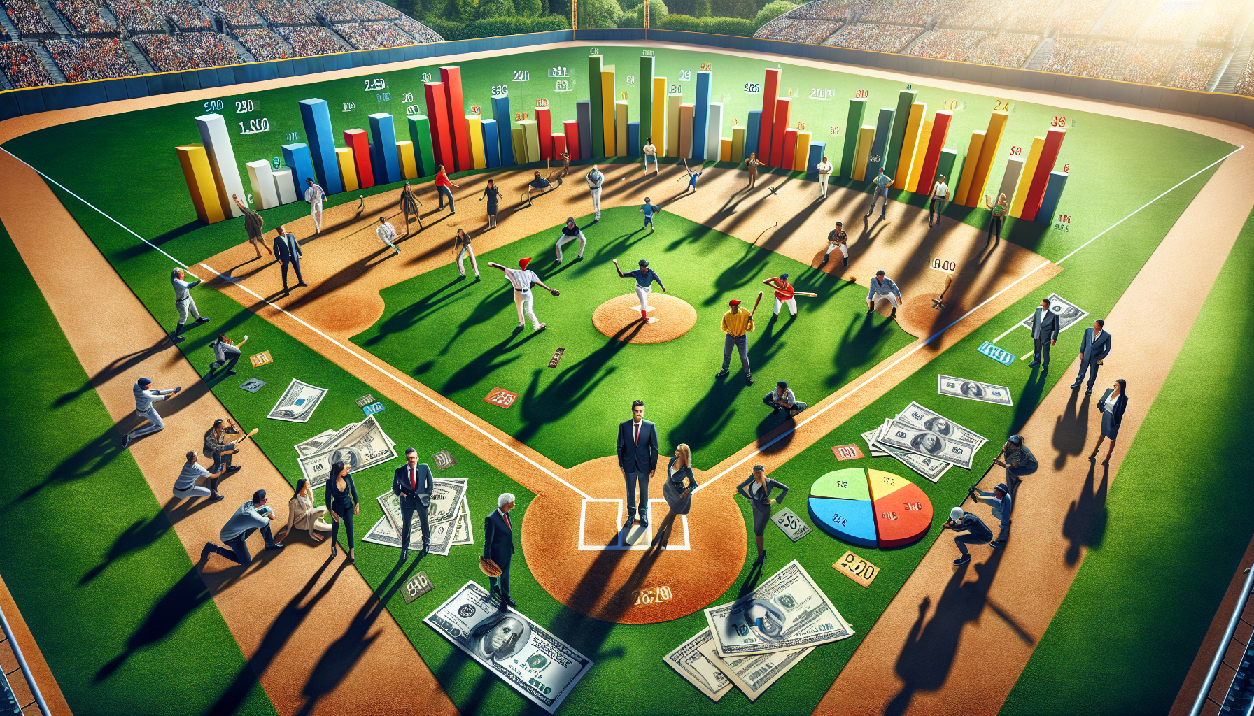 A conceptual illustration representing Stepping Up to the Plate: What is a Ballpark Figure?. Visualize the main ideas: . Creative but clear representation of the concept. Style: photorealistic. high quality, detailed, professional, clean composition, good lighting, sharp focus, well-composed. high quality, professional, detailed, well-composed