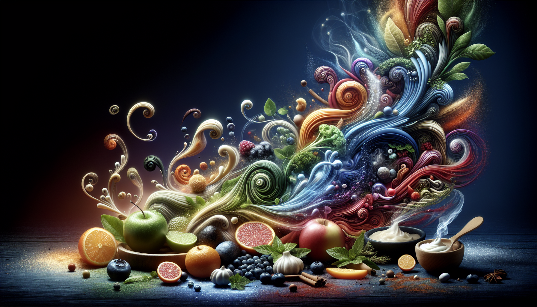 A conceptual illustration representing The Intricate Dance of Smell and Taste. Visualize the main ideas: . Creative but clear representation of the concept. Style: photorealistic. high quality, detailed, professional, clean composition, good lighting, sharp focus, well-composed. high quality, professional, detailed, well-composed