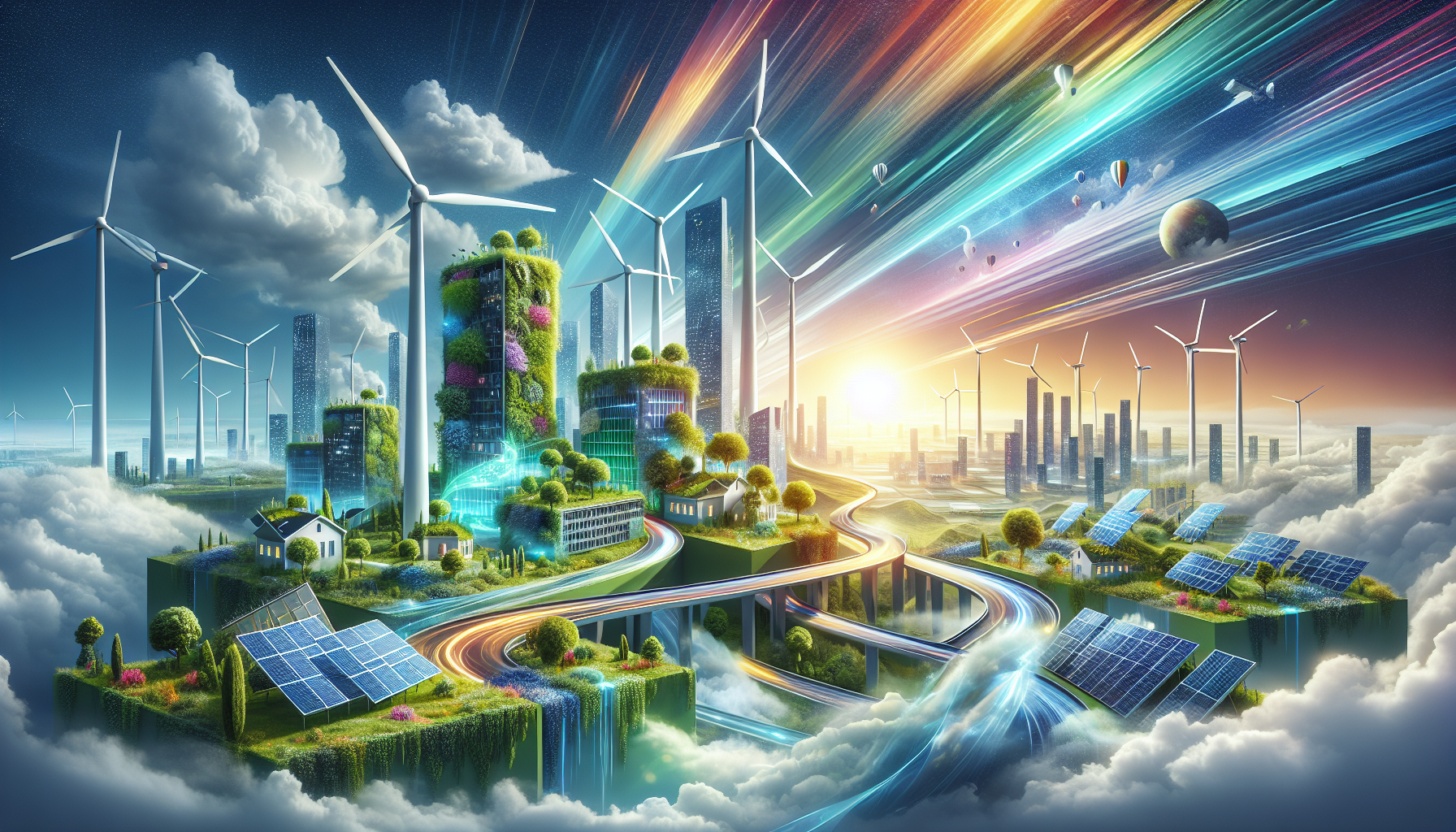 A conceptual illustration representing Innovations Driving Sustainable Renewable Energy. Visualize the main ideas: . Creative but clear representation of the concept. Style: Visual Theme: Clean, modern aesthetic with high contrast and vibrant energy. Emphasize the intersect. high quality, detailed, professional, clean composition, good lighting, sharp focus, well-composed. high quality, professional, detailed, well-composed