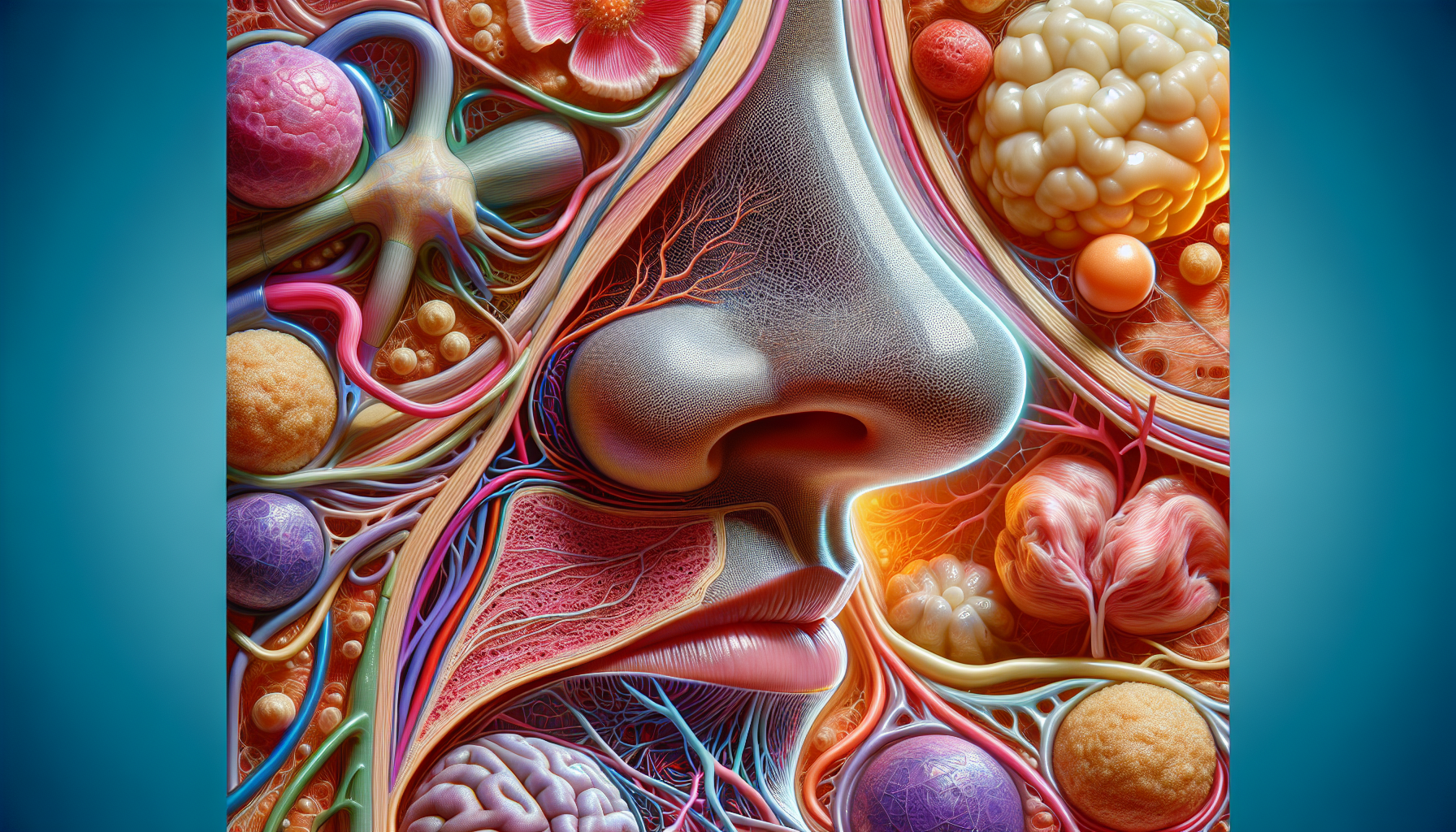 A conceptual illustration representing The Olfactory System: A Closer Look. Visualize the main ideas: . Creative but clear representation of the concept. Style: photorealistic. high quality, detailed, professional, clean composition, good lighting, sharp focus, well-composed. high quality, professional, detailed, well-composed