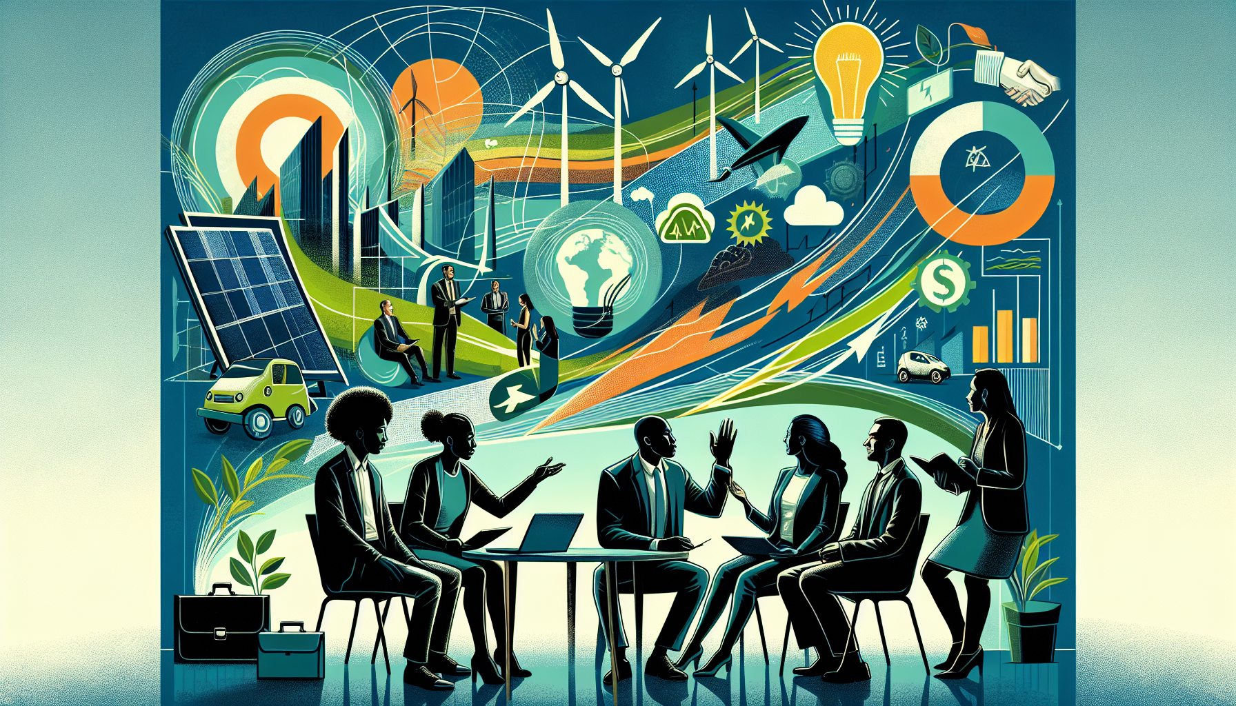 A conceptual illustration representing Policy and Community Engagement for Sustainable Energy. Visualize the main ideas: . Creative but clear representation of the concept. Style: Visual Theme: Clean, modern aesthetic with high contrast and vibrant energy. Emphasize the intersect. high quality, detailed, professional, clean composition, good lighting, sharp focus, well-composed. high quality, professional, detailed, well-composed