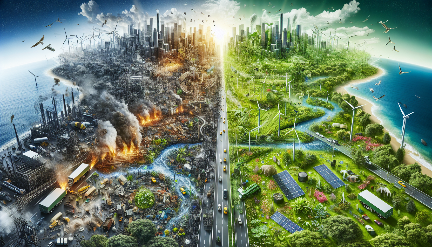 A conceptual illustration representing Challenges and Opportunities in Sustainable Practices. Visualize the main ideas: . Creative but clear representation of the concept. Style: Visual Theme: Clean, modern aesthetic with high contrast and vibrant energy. Emphasize the intersect. high quality, detailed, professional, clean composition, good lighting, sharp focus, well-composed. high quality, professional, detailed, well-composed