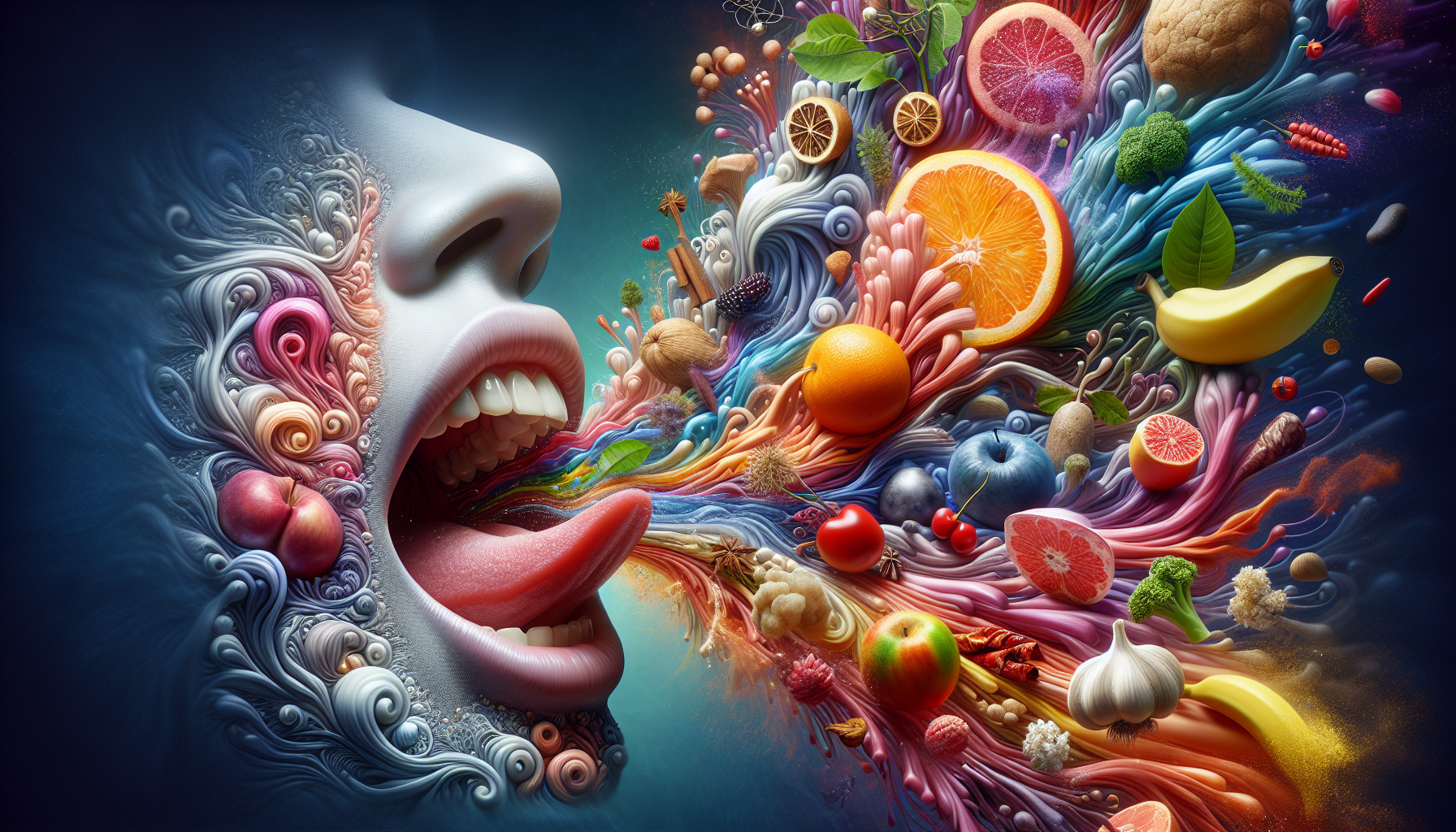 A conceptual illustration representing The Interplay of Smell and Taste in Flavor Perception. Visualize the main ideas: . Creative but clear representation of the concept. Style: photorealistic. high quality, detailed, professional, clean composition, good lighting, sharp focus, well-composed. high quality, professional, detailed, well-composed