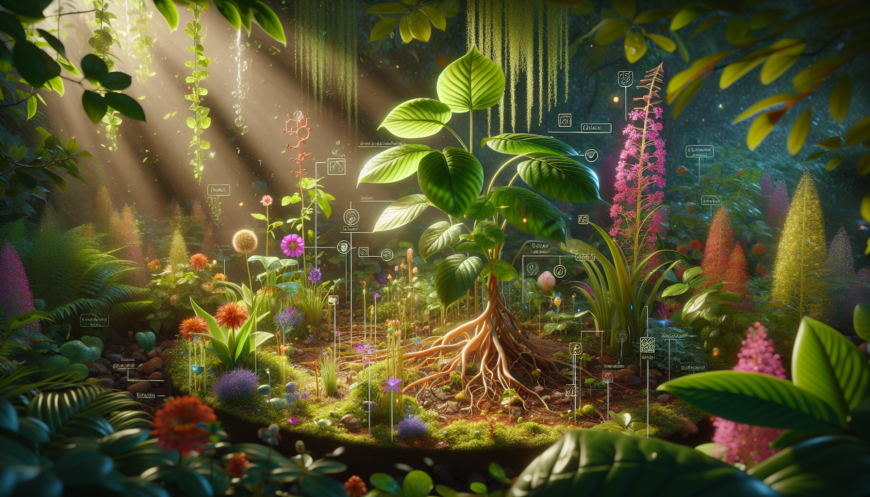 A conceptual illustration representing Detection Mechanisms - How Plants Perceive Signals. Visualize the main ideas: . Creative but clear representation of the concept. Style: photorealistic. high quality, detailed, professional, clean composition, good lighting, sharp focus, well-composed. high quality, professional, detailed, well-composed