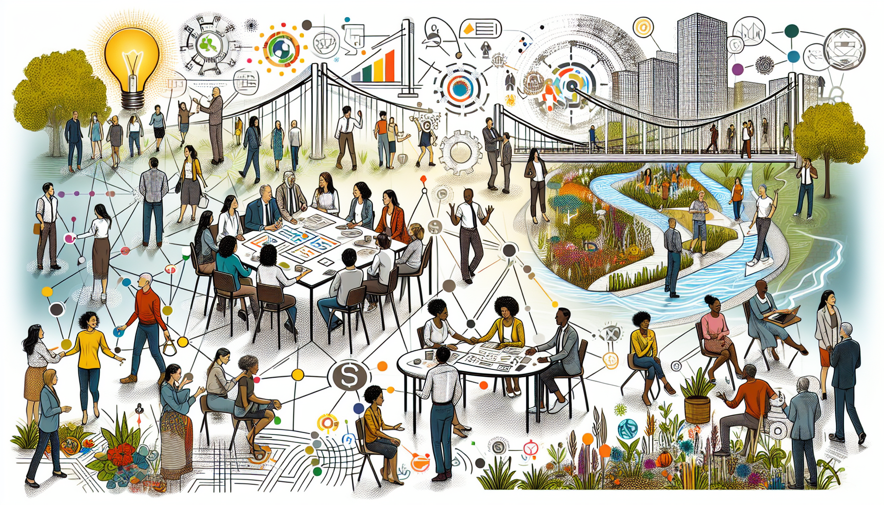 A conceptual illustration representing Strategies for Effective Community Engagement. Visualize the main ideas: . Creative but clear representation of the concept. Style: Visual Theme: Clean, modern aesthetic with high contrast and vibrant energy. Emphasize the intersect. high quality, detailed, professional, clean composition, good lighting, sharp focus, well-composed. high quality, professional, detailed, well-composed