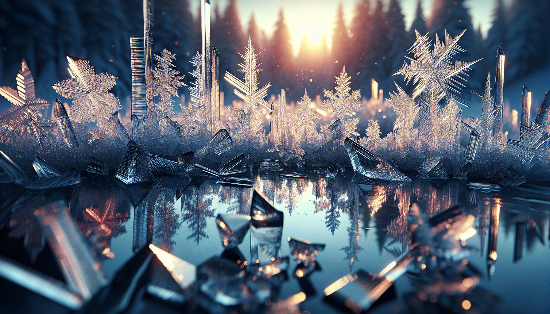 A conceptual illustration representing Ice Crystals and Their Influence. Visualize the main ideas: . Creative but clear representation of the concept. Style: photorealistic. high quality, detailed, professional, clean composition, good lighting, sharp focus, well-composed. high quality, professional, detailed, well-composed