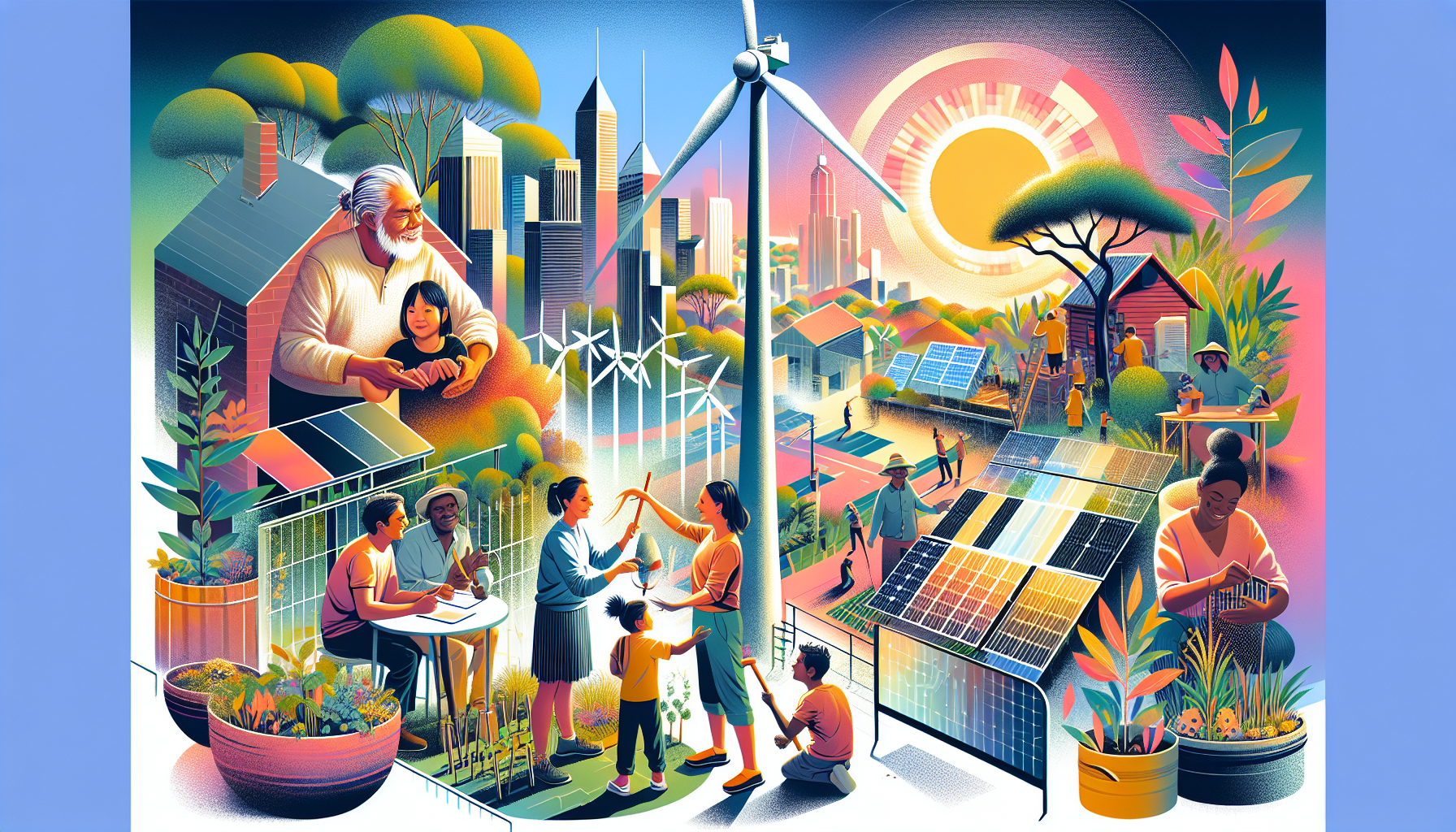 A conceptual illustration representing Benefits of Community Engagement in Renewable Projects. Visualize the main ideas: . Creative but clear representation of the concept. Style: Visual Theme: Clean, modern aesthetic with high contrast and vibrant energy. Emphasize the intersect. high quality, detailed, professional, clean composition, good lighting, sharp focus, well-composed. high quality, professional, detailed, well-composed