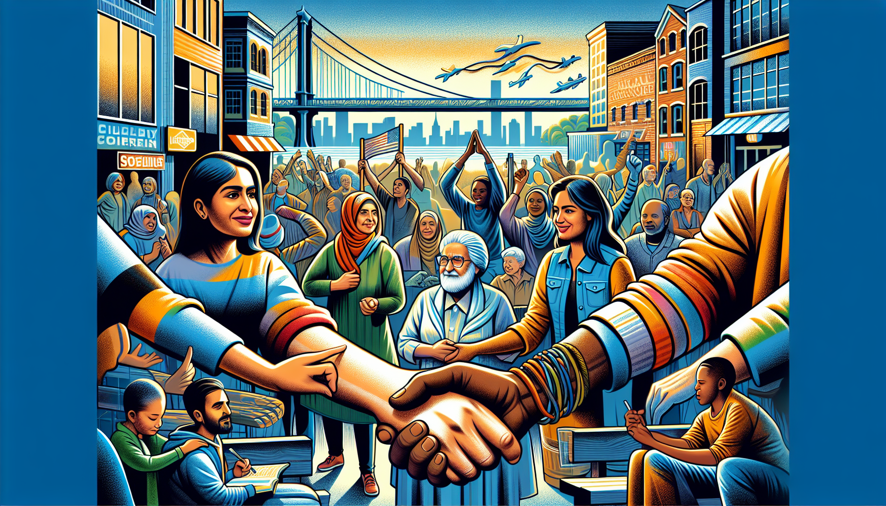 A conceptual illustration representing Overcoming Challenges in Community Engagement. Visualize the main ideas: . Creative but clear representation of the concept. Style: Visual Theme: Clean, modern aesthetic with high contrast and vibrant energy. Emphasize the intersect. high quality, detailed, professional, clean composition, good lighting, sharp focus, well-composed. high quality, professional, detailed, well-composed