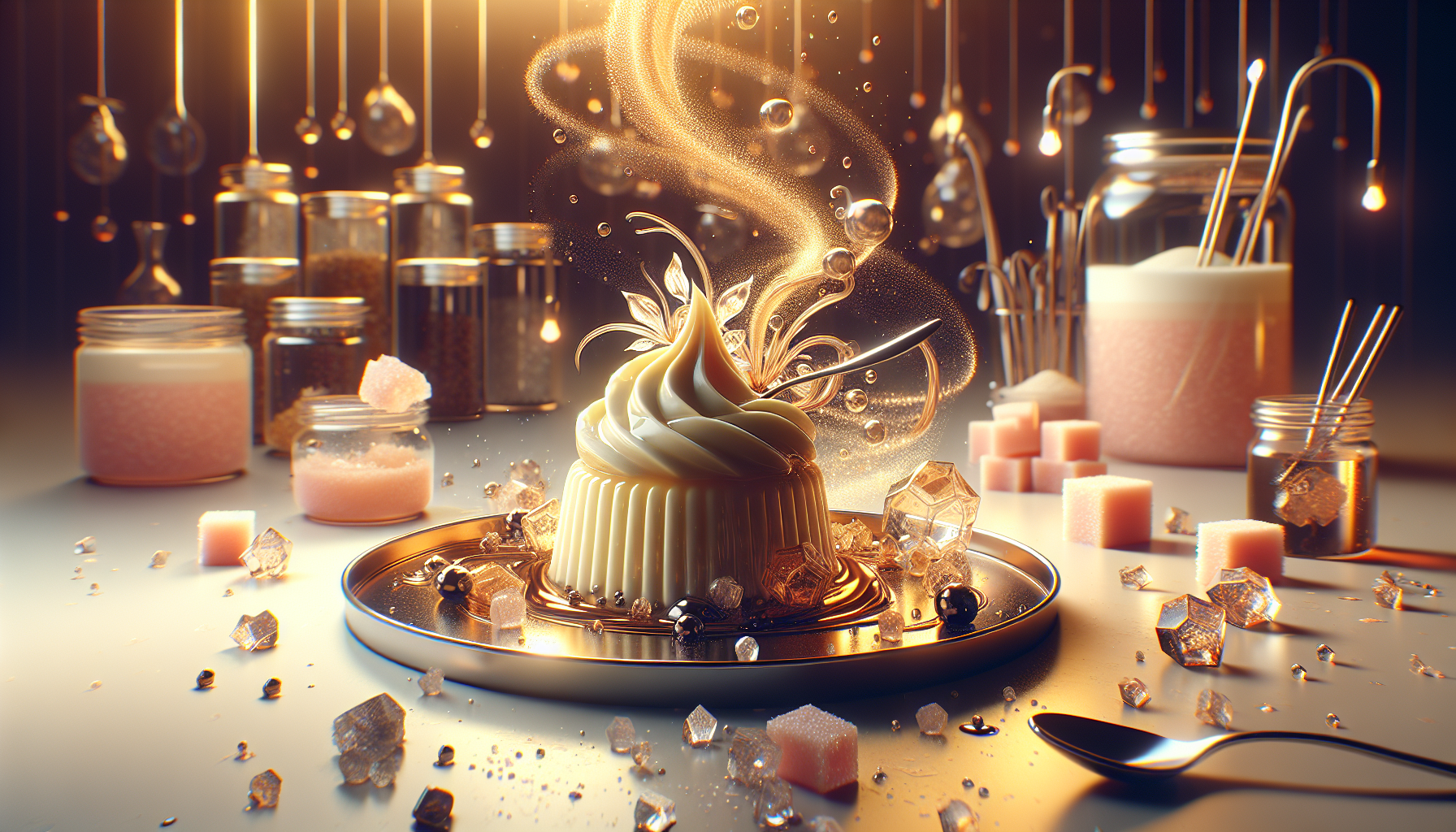 A conceptual illustration representing Sugar and Solutes in Creaminess. Visualize the main ideas: . Creative but clear representation of the concept. Style: photorealistic. high quality, detailed, professional, clean composition, good lighting, sharp focus, well-composed. high quality, professional, detailed, well-composed