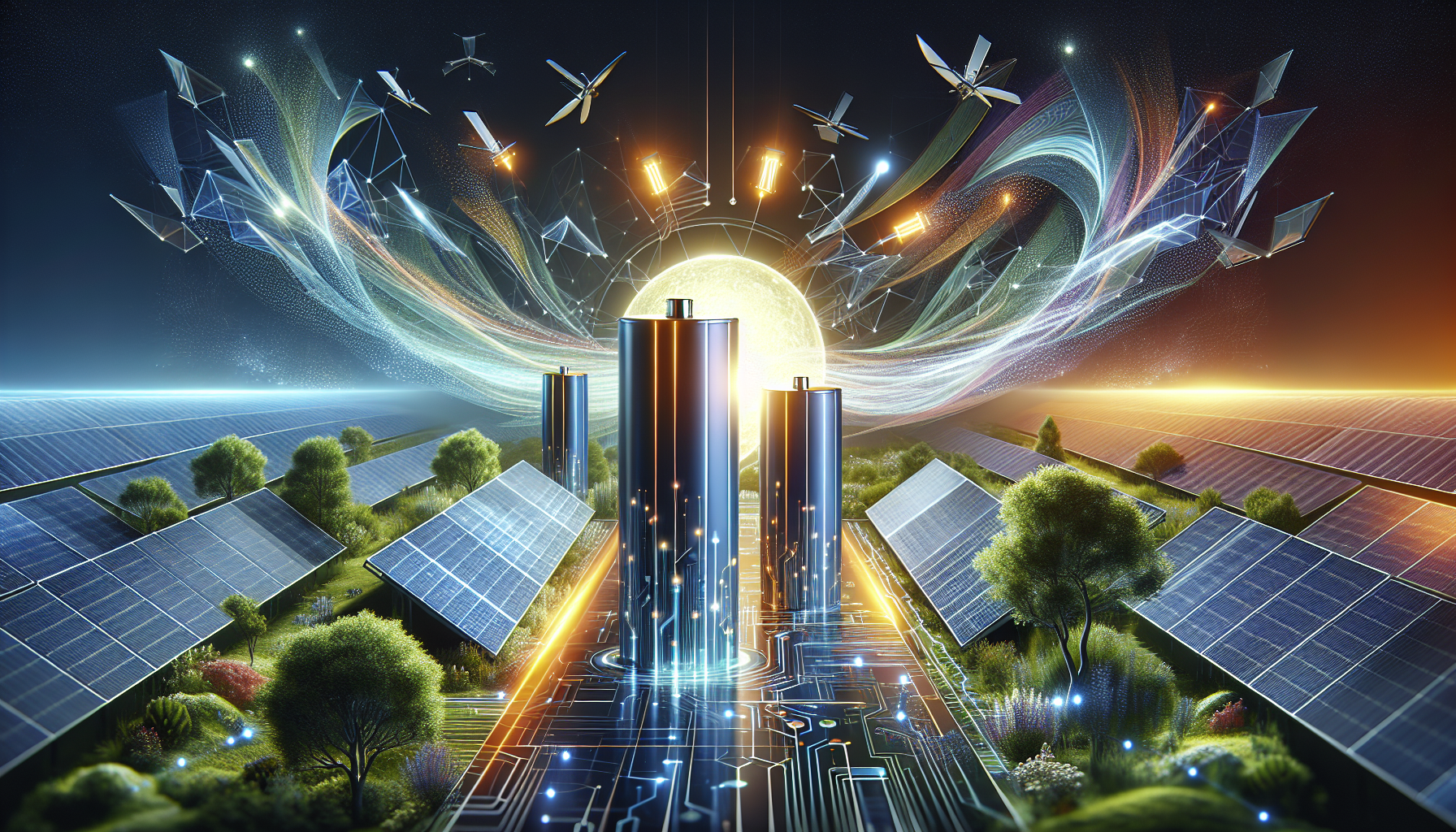 A conceptual illustration representing Innovations in Solar Energy Storage. Visualize the main ideas: . Creative but clear representation of the concept. Style: Visual Theme: Clean, modern aesthetic with high contrast and vibrant energy. Emphasize the intersect. high quality, detailed, professional, clean composition, good lighting, sharp focus, well-composed. high quality, professional, detailed, well-composed