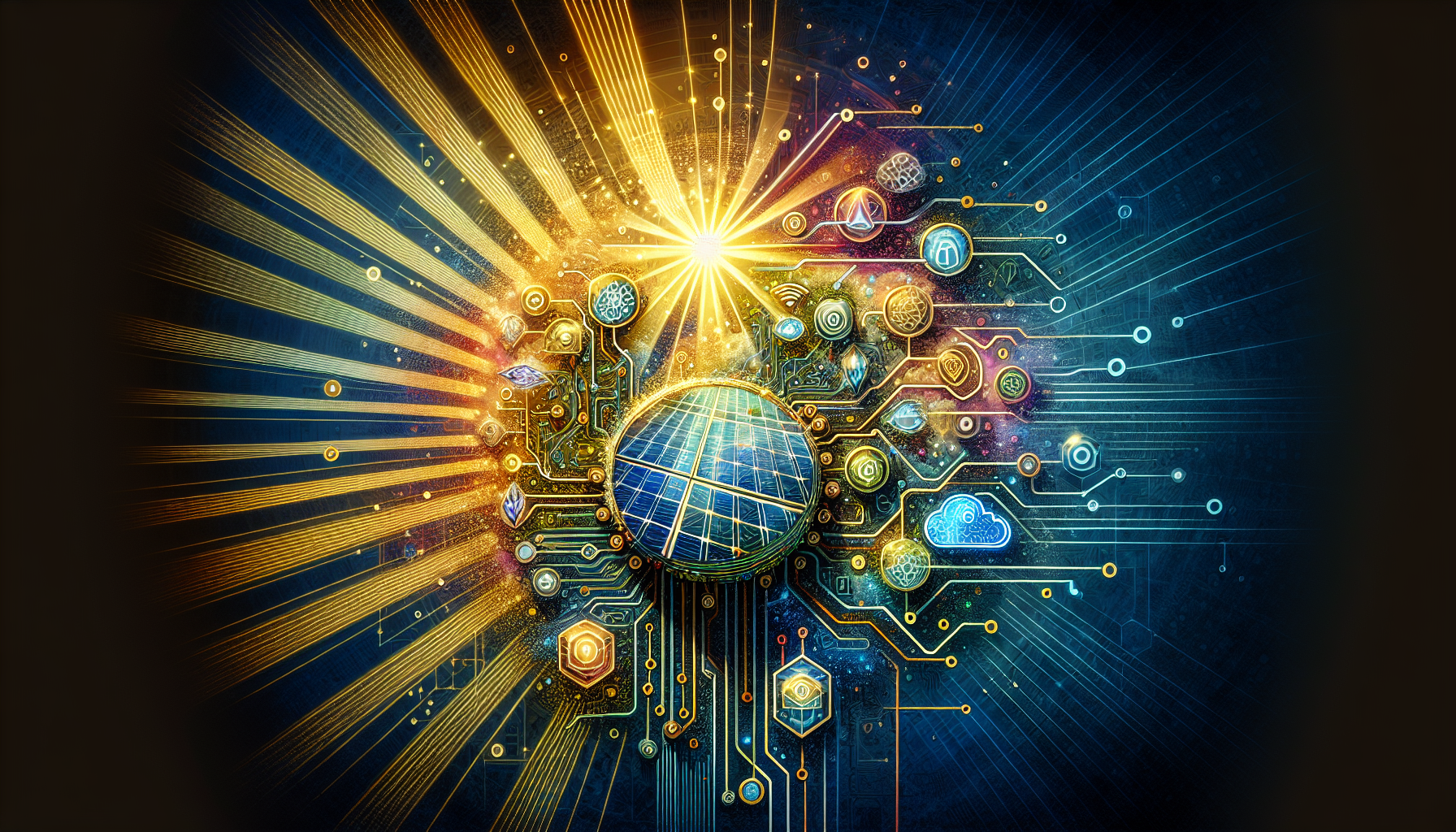 A conceptual illustration representing The Role of AI and IoT in Solar Advancements. Visualize the main ideas: . Creative but clear representation of the concept. Style: Visual Theme: Clean, modern aesthetic with high contrast and vibrant energy. Emphasize the intersect. high quality, detailed, professional, clean composition, good lighting, sharp focus, well-composed. high quality, professional, detailed, well-composed