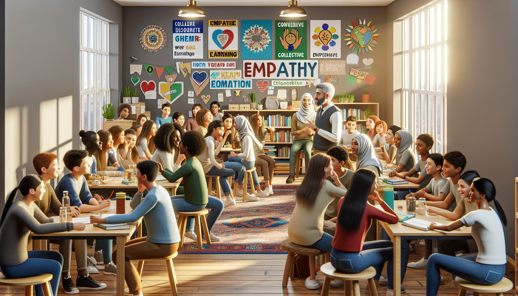 A conceptual illustration representing Fostering a Supportive Classroom Culture. Visualize the main ideas: . Creative but clear representation of the concept. Style: photorealistic. high quality, detailed, professional, clean composition, good lighting, sharp focus, well-composed. high quality, professional, detailed, well-composed