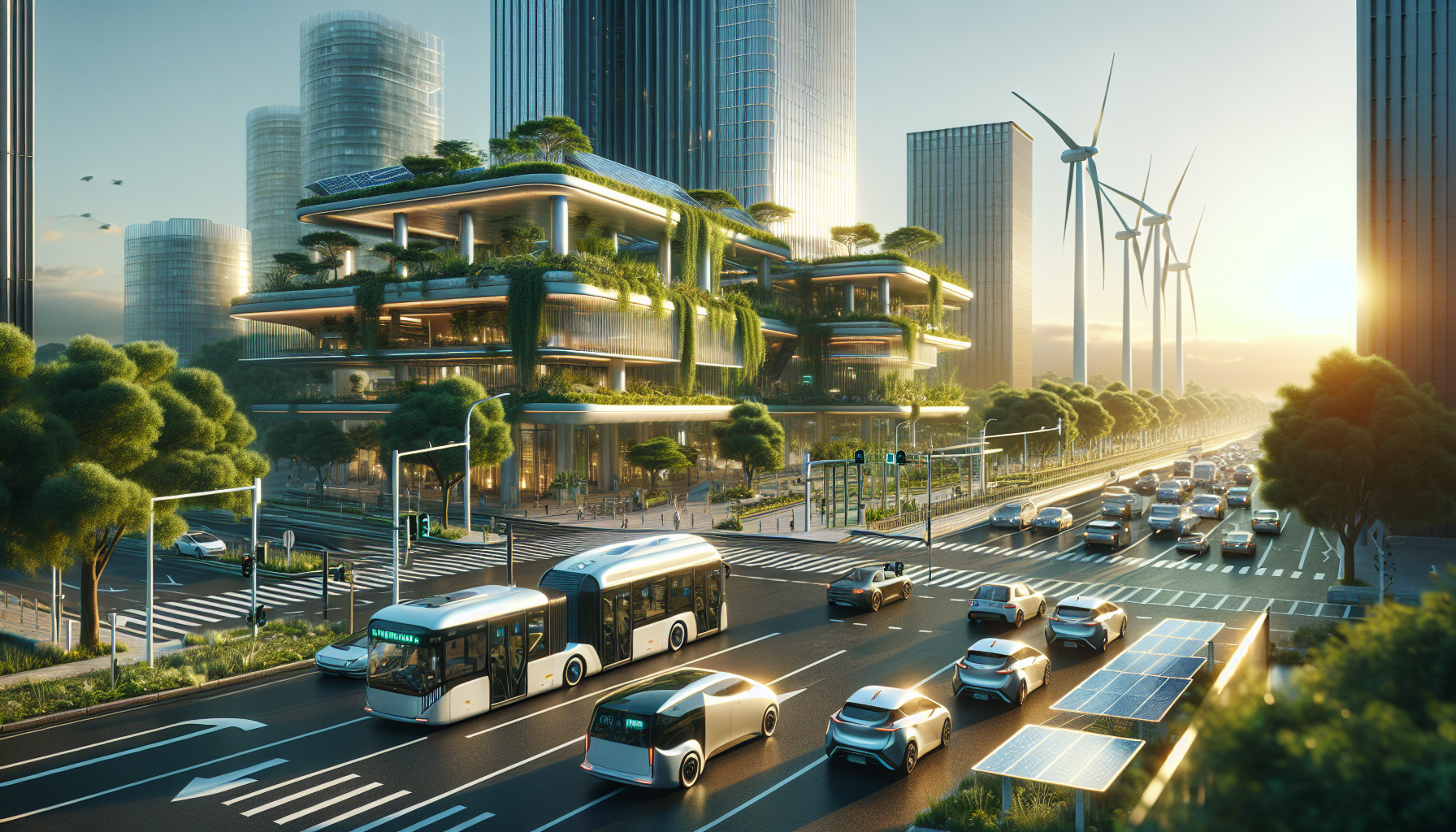 A professional, cinematic photograph illustrating the concept of Renewable Energy Transportation: A New Era. High quality, soft natural lighting. Style: Visual Theme: Clean, modern aesthetic with high contrast and vibrant energy. Emphasize the intersect, high quality, professional, detailed, well-composed.