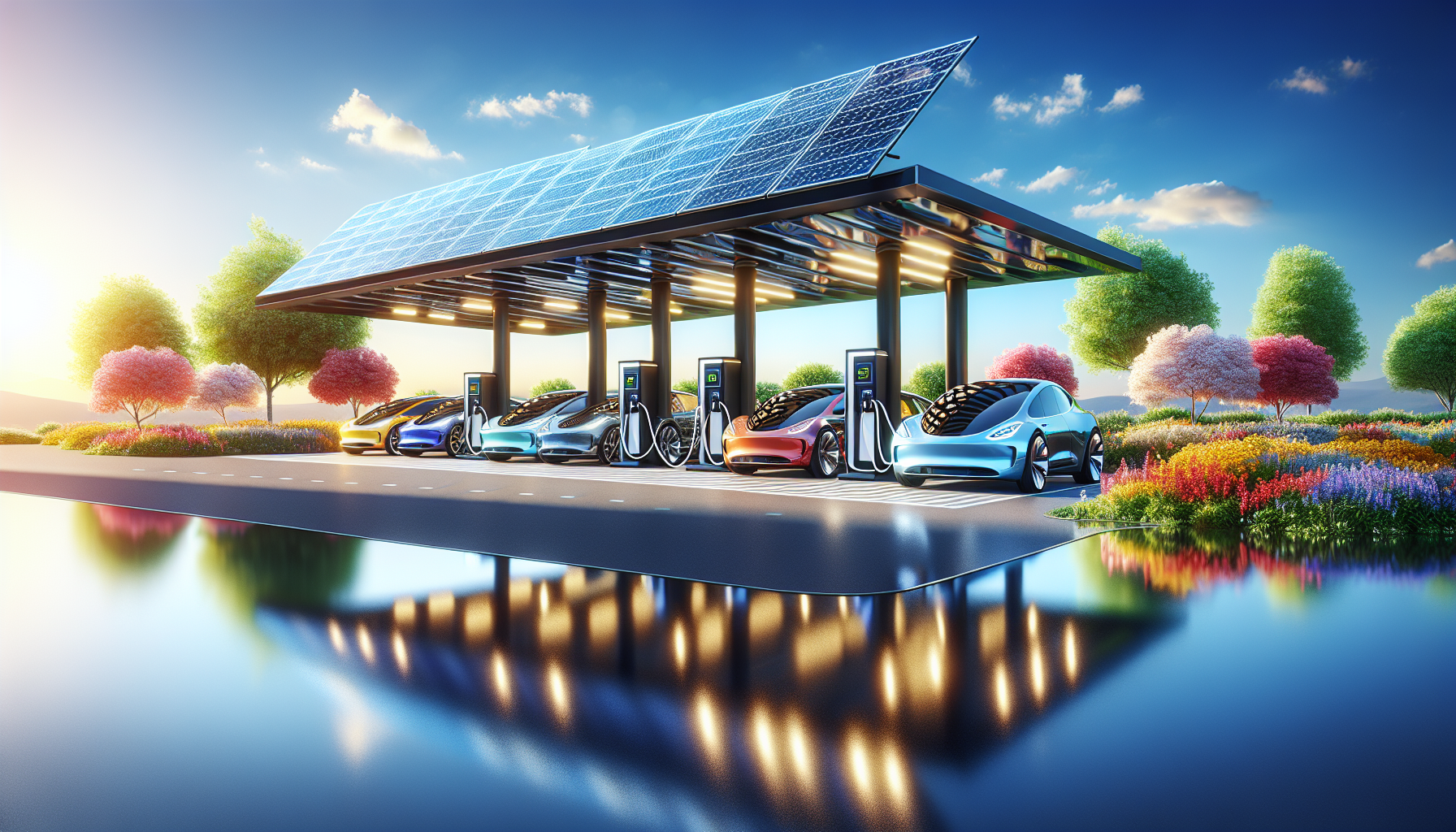 A professional, cinematic photograph illustrating the concept of Solar Charging Stations: Powering the Journey. High quality, soft natural lighting. Style: Visual Theme: Clean, modern aesthetic with high contrast and vibrant energy. Emphasize the intersect, high quality, professional, detailed, well-composed.